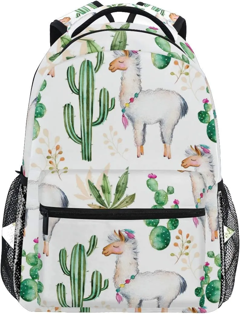Backpack Tropical Cactus Alpaca Animal Adults School Bag Casual College Bag Travel Zipper Bookbag Hiking Shoulder Daypack for Women Men