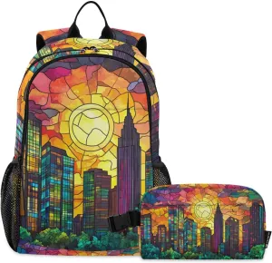 Backpack with Lunch Box Stained Glass Cityscape Skyscrapers Daypack Book Bag Shoulder Bag with Lunch Bag Set for Women Men Laptop Travel Daypack