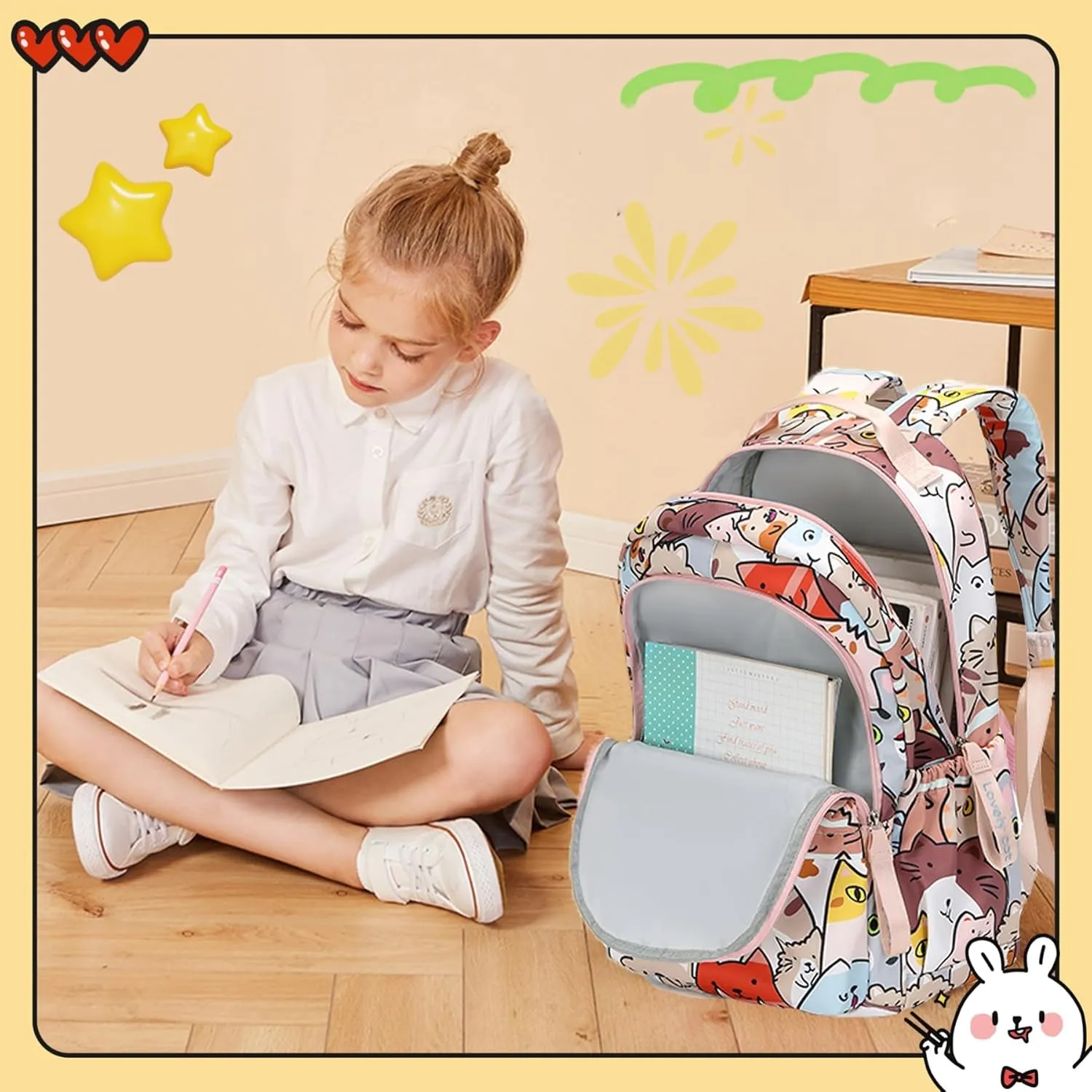 Backpacks for Girls Cute Cat Backpack Elementary School Backpack Students Bookbag for Girls