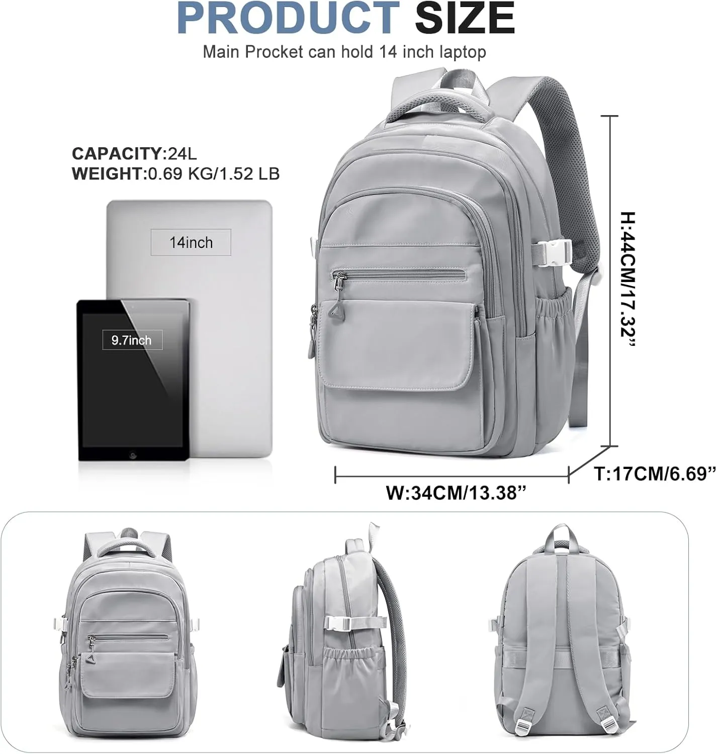 Backpacks For School Women Men,Lightweight College Backpack With Lots Of Pockets,Simple Middle School Bag,Cute Bookbag For Teens Boys Girls（Grey）