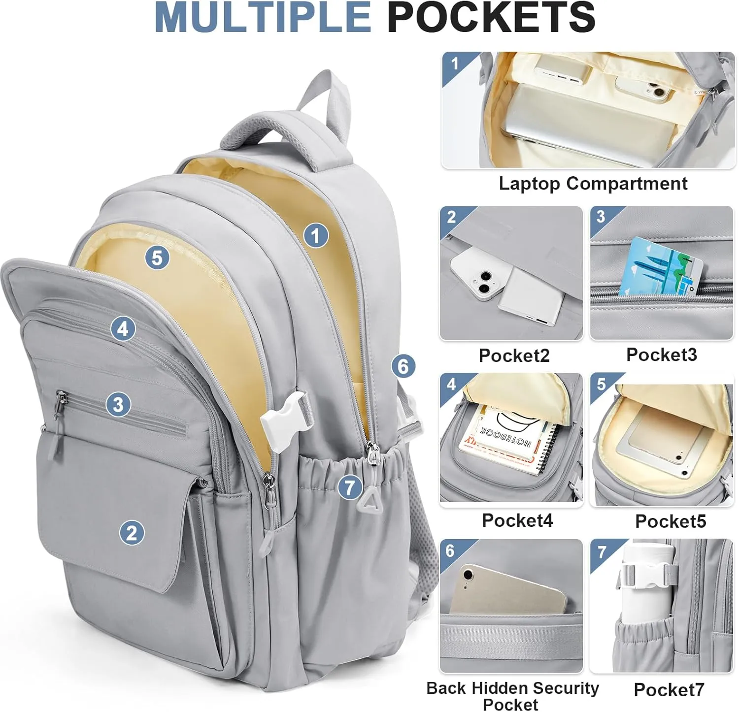 Backpacks For School Women Men,Lightweight College Backpack With Lots Of Pockets,Simple Middle School Bag,Cute Bookbag For Teens Boys Girls（Grey）