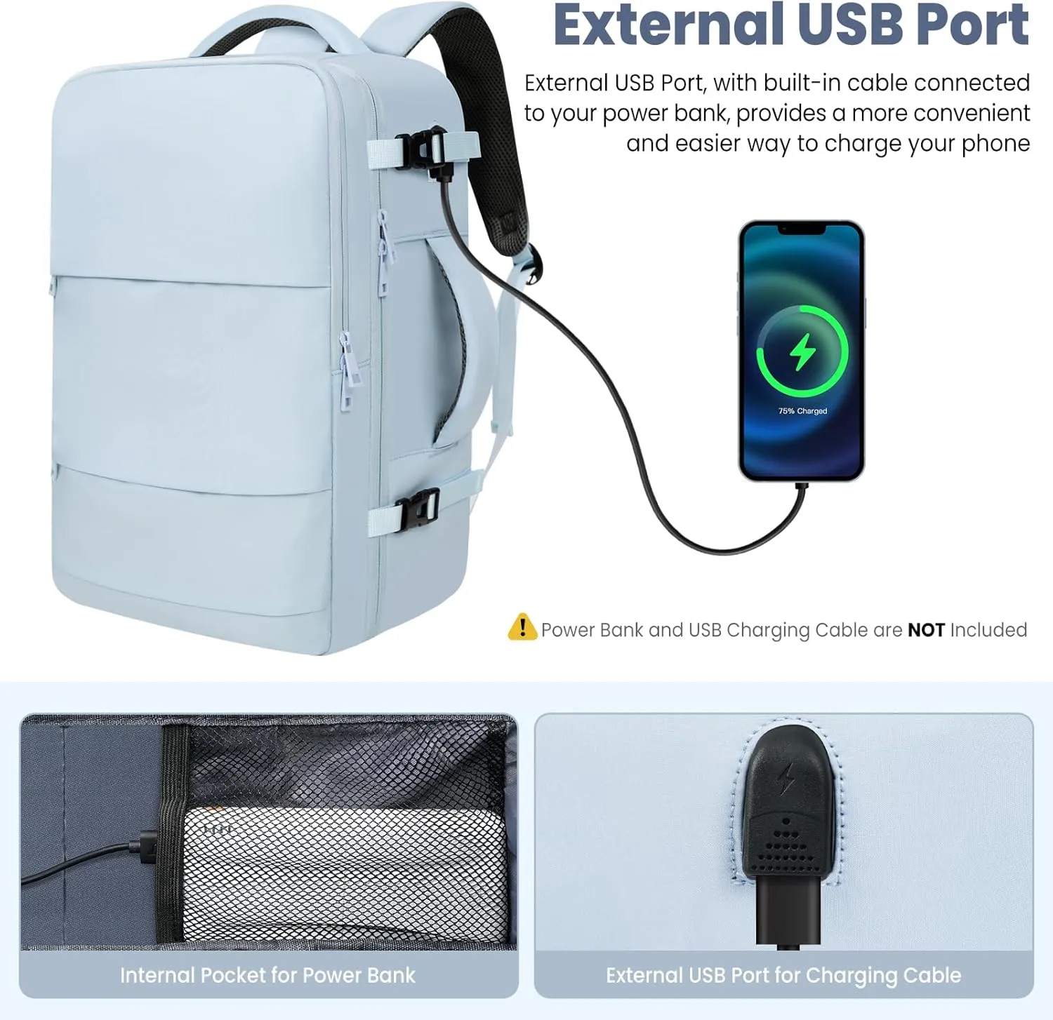 BAGAIL Travel Laptop Backpack, Carry on with USB Port, Luggage Bag for Holiday-Light Blue