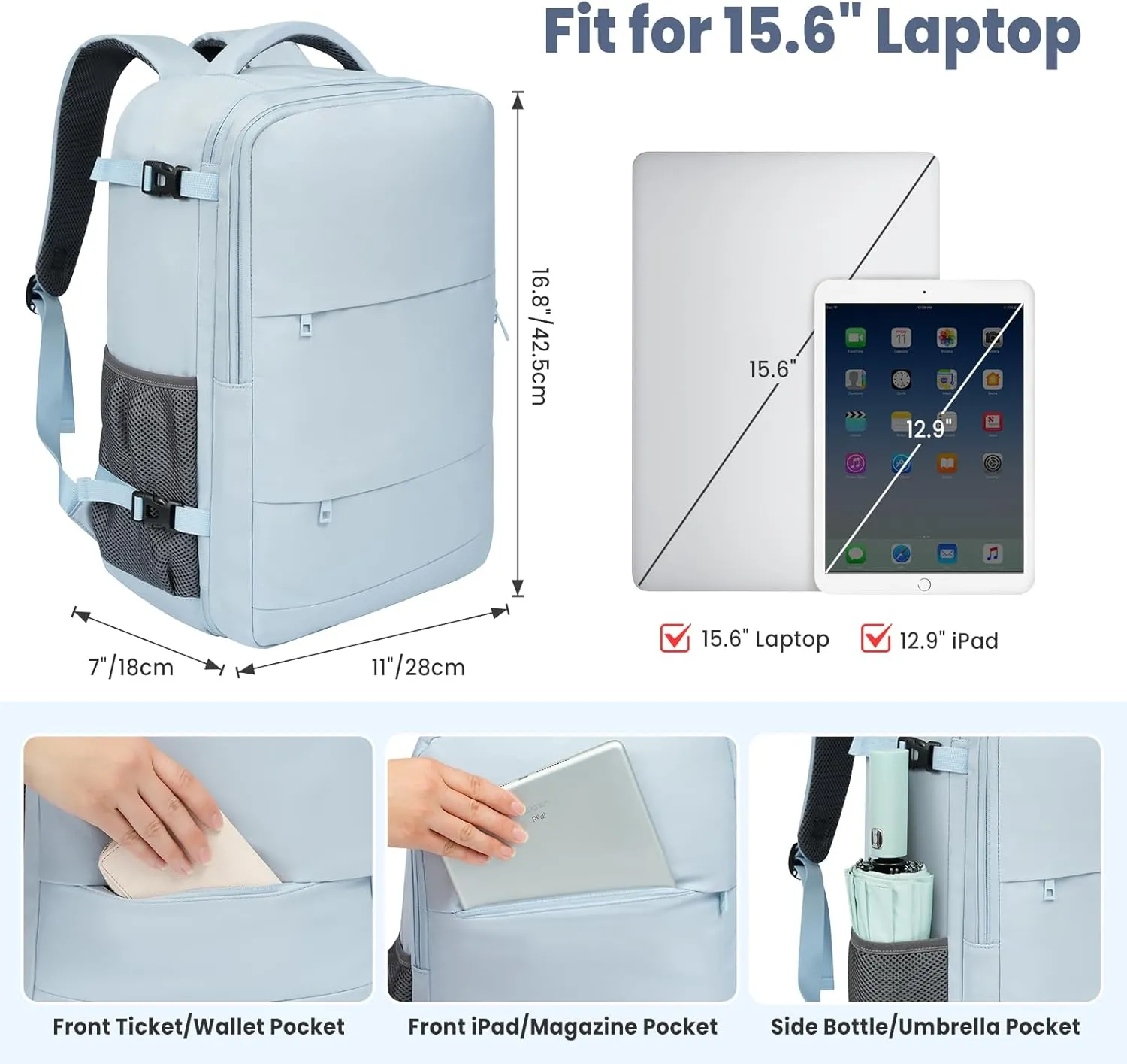 BAGAIL Travel Laptop Backpack, Carry on with USB Port, Luggage Bag for Holiday-Light Blue