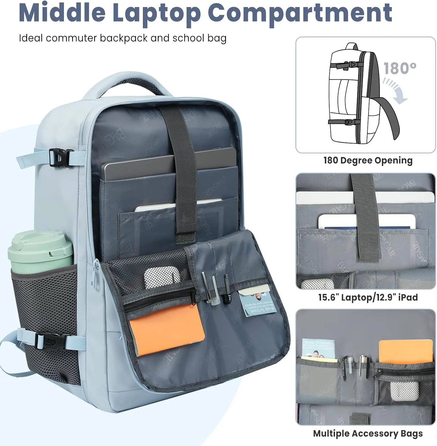 BAGAIL Travel Laptop Backpack, Carry on with USB Port, Luggage Bag for Holiday-Light Blue