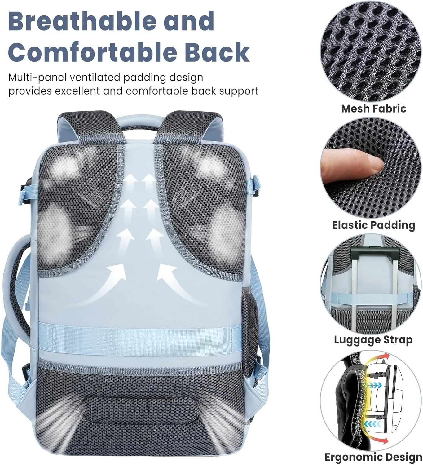BAGAIL Travel Laptop Backpack, Carry on with USB Port, Luggage Bag for Holiday-Light Blue