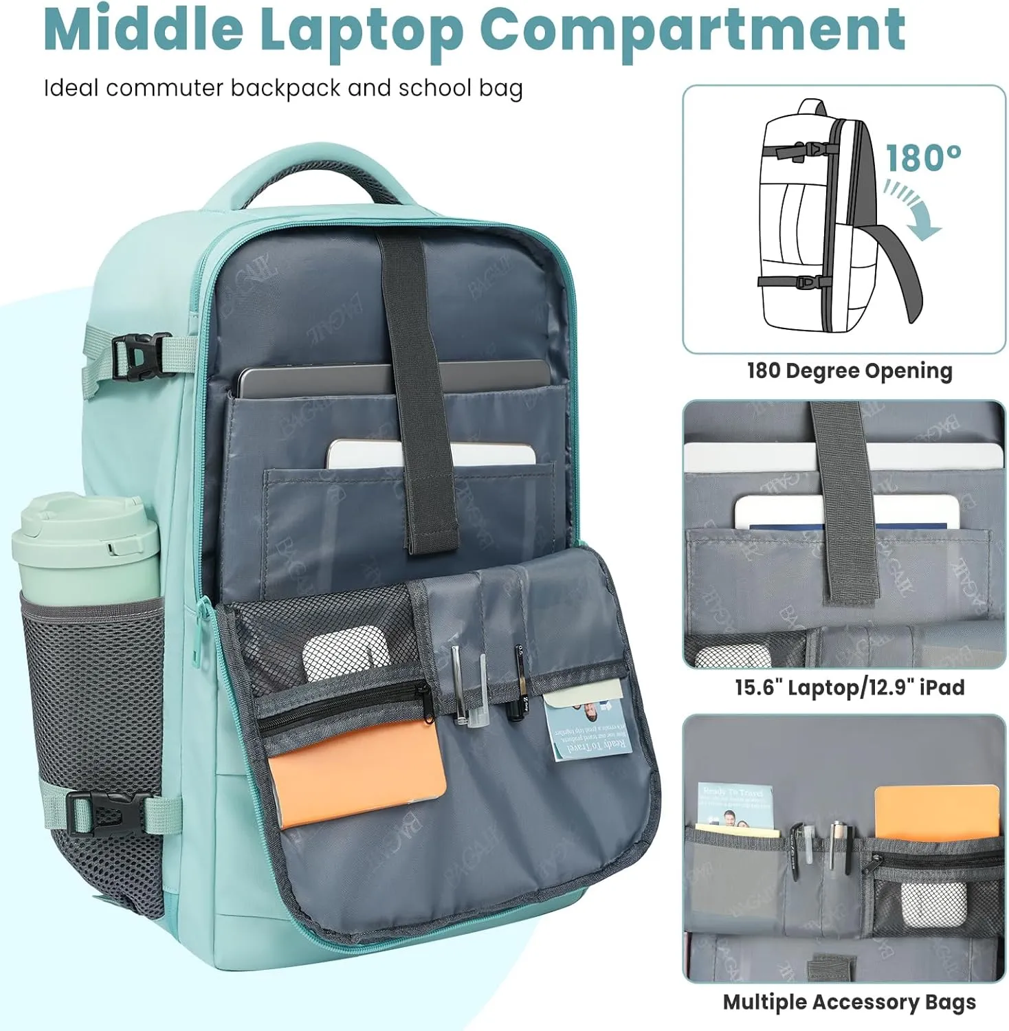 BAGAIL Travel Laptop Backpack, Carry on with USB Port, Luggage Bag for Holiday-Mint