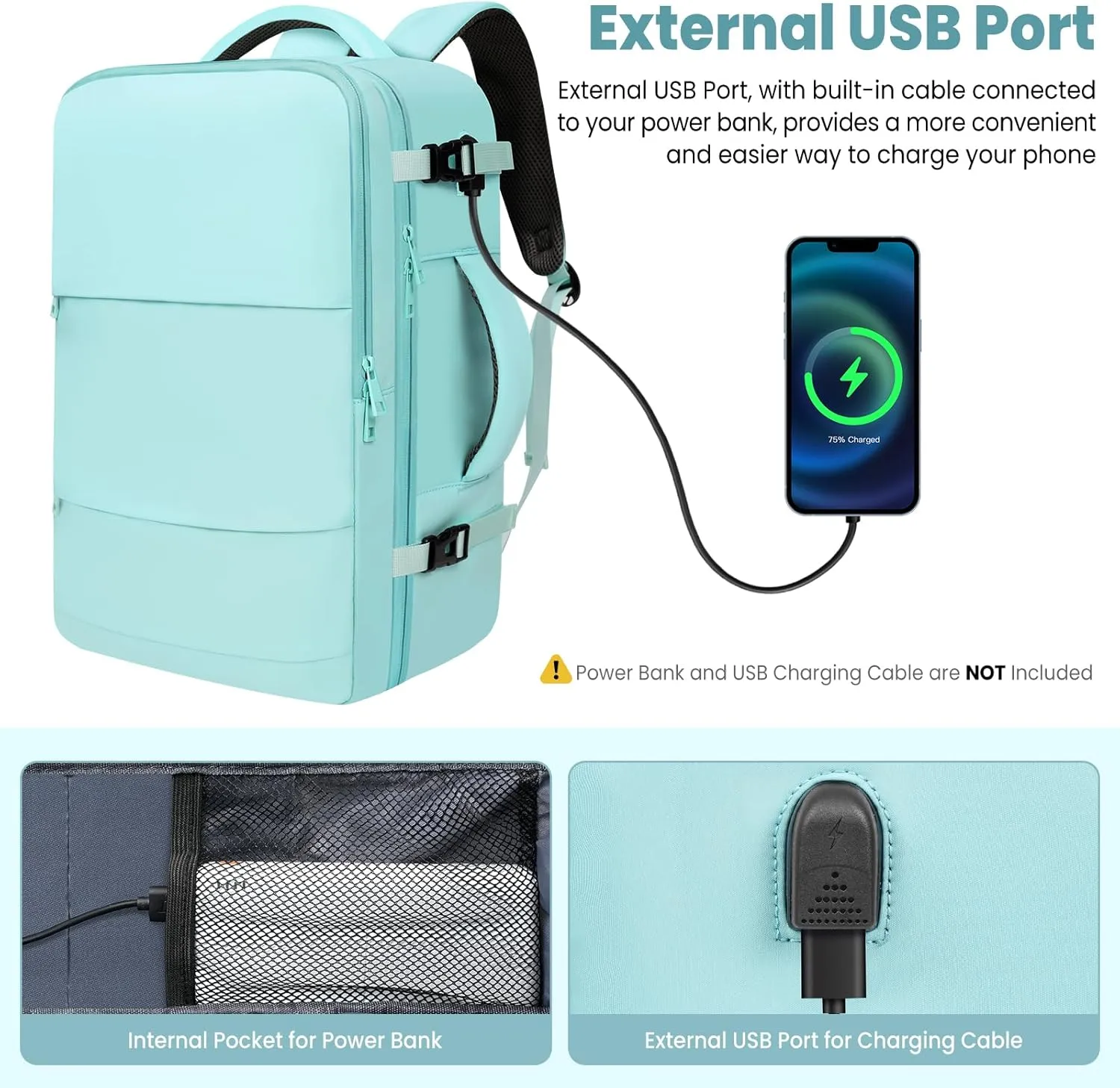 BAGAIL Travel Laptop Backpack, Carry on with USB Port, Luggage Bag for Holiday-Mint