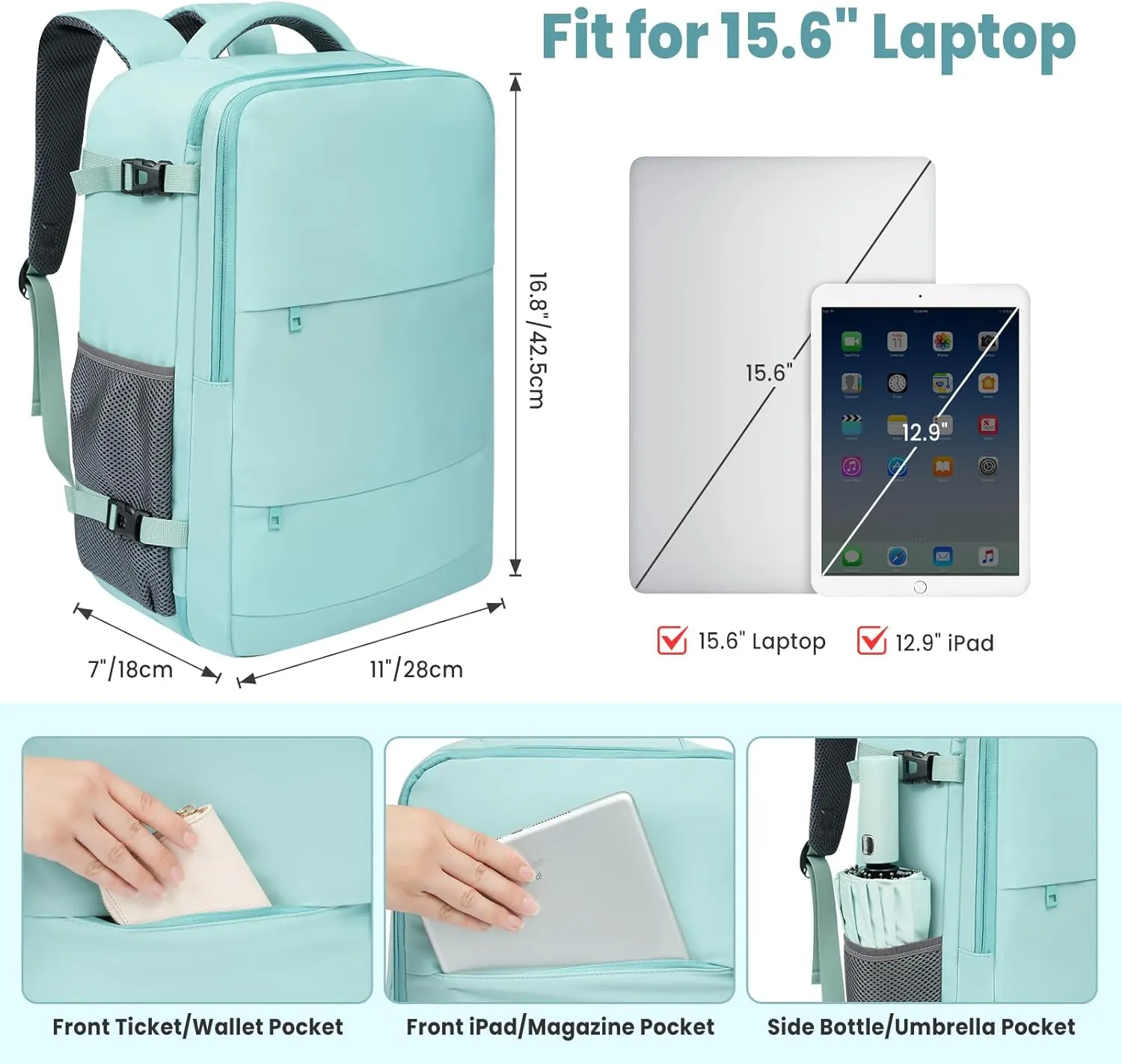 BAGAIL Travel Laptop Backpack, Carry on with USB Port, Luggage Bag for Holiday-Mint