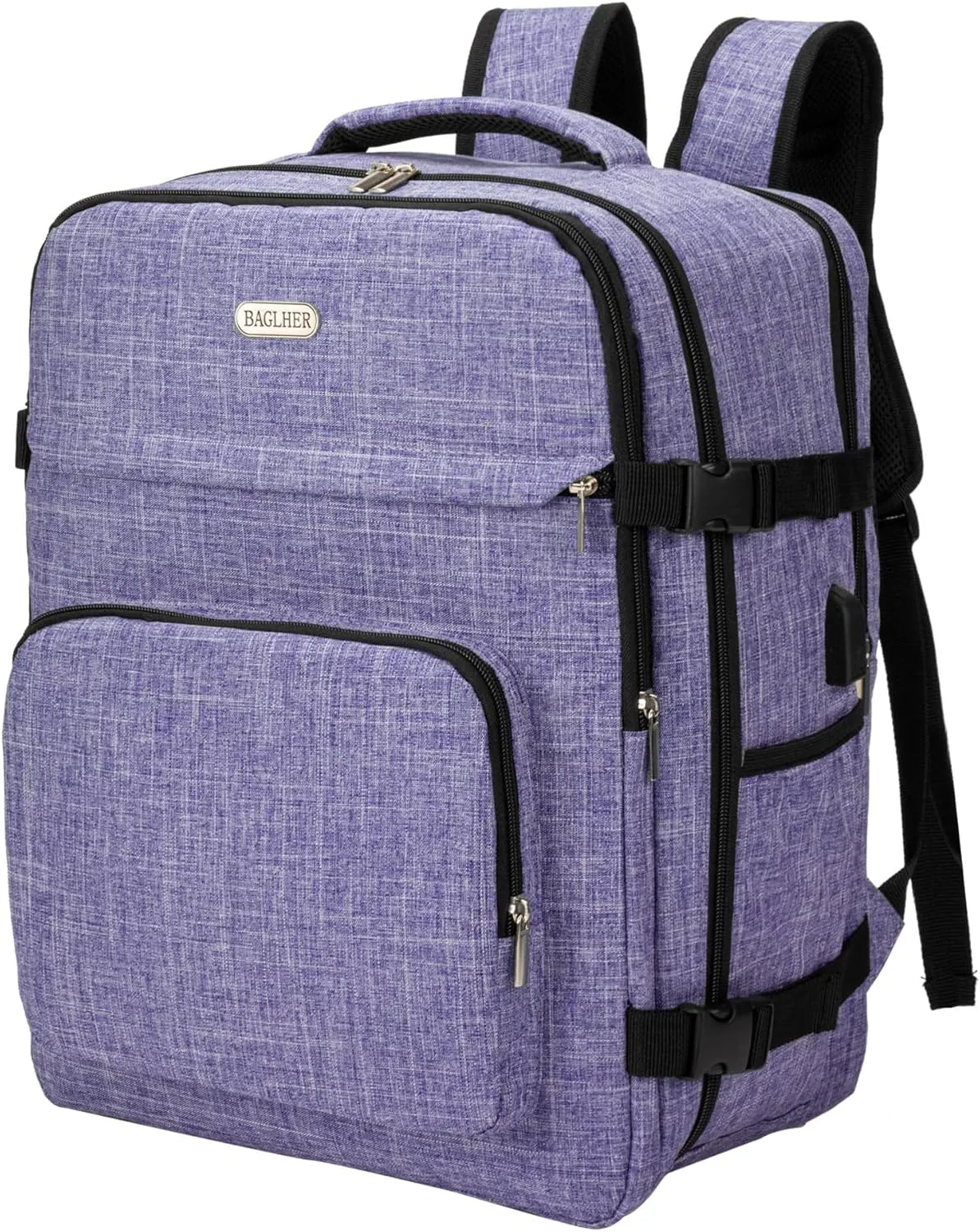BAGLHER Travel Backpack Carry on Flight Approved with USB Charging Port, Laptop and Shoe Compartment, Travel Backpack for Airplane Travel, Work, College, Business, Purple