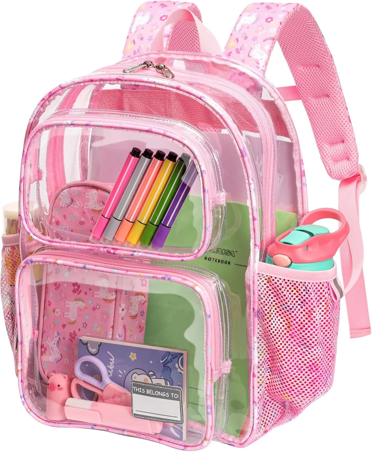 Bagseri Clear Backpack for Girls - 15 Inch Clear Bookbag for Kids Aged 3 to 8 Heavy Duty Transparent Backpack for School, Cute See Through Bag with Reflective Strip, Pink Unicorn