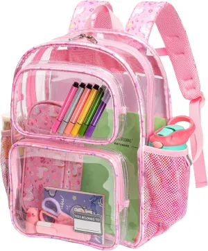 Bagseri Clear Backpack for Girls - 15 Inch Clear Bookbag for Kids Aged 3 to 8 Heavy Duty Transparent Backpack for School, Cute See Through Bag with Reflective Strip, Pink Unicorn