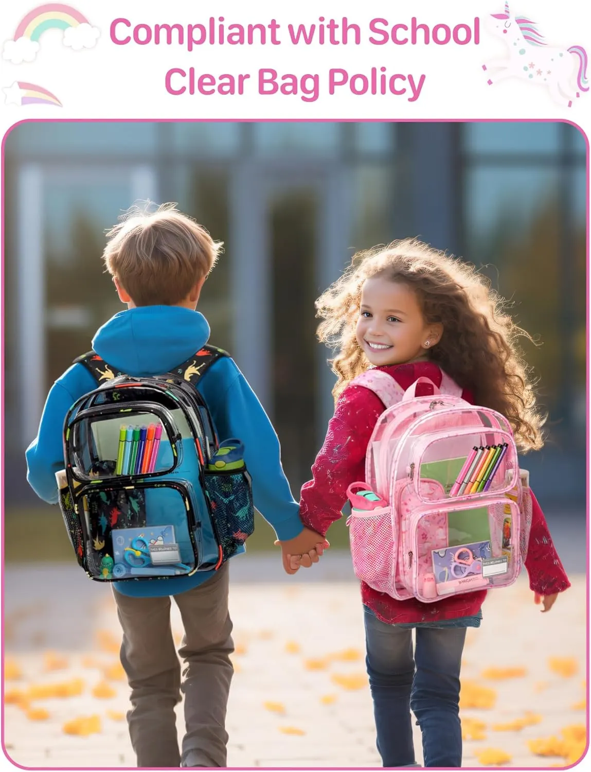 Bagseri Clear Backpack for Girls - 15 Inch Clear Bookbag for Kids Aged 3 to 8 Heavy Duty Transparent Backpack for School, Cute See Through Bag with Reflective Strip, Pink Unicorn