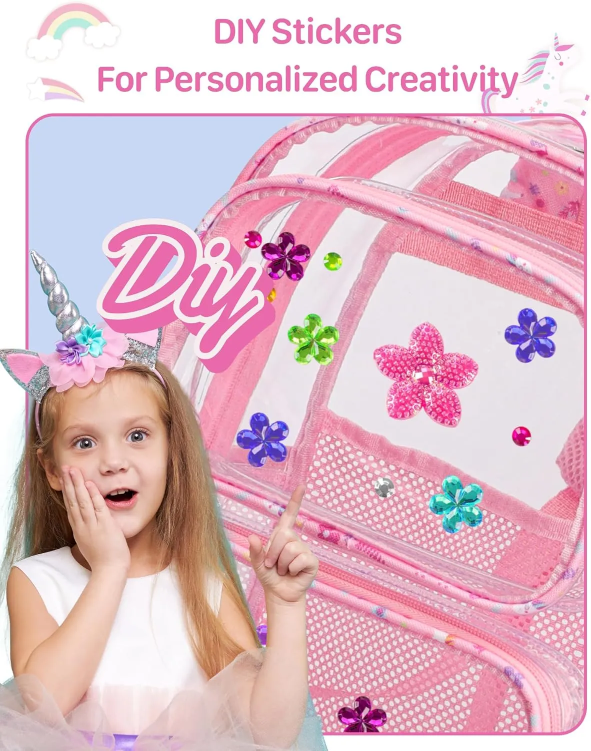 Bagseri Clear Backpack for Girls - 15 Inch Clear Bookbag for Kids Aged 3 to 8 Heavy Duty Transparent Backpack for School, Cute See Through Bag with Reflective Strip, Pink Unicorn