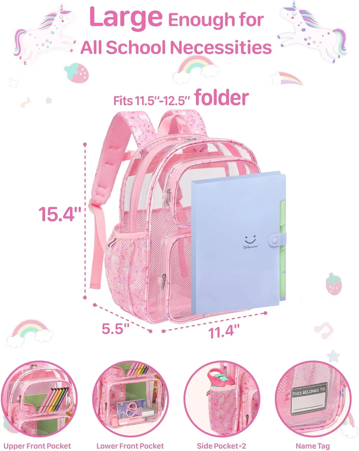 Bagseri Clear Backpack for Girls - 15 Inch Clear Bookbag for Kids Aged 3 to 8 Heavy Duty Transparent Backpack for School, Cute See Through Bag with Reflective Strip, Pink Unicorn