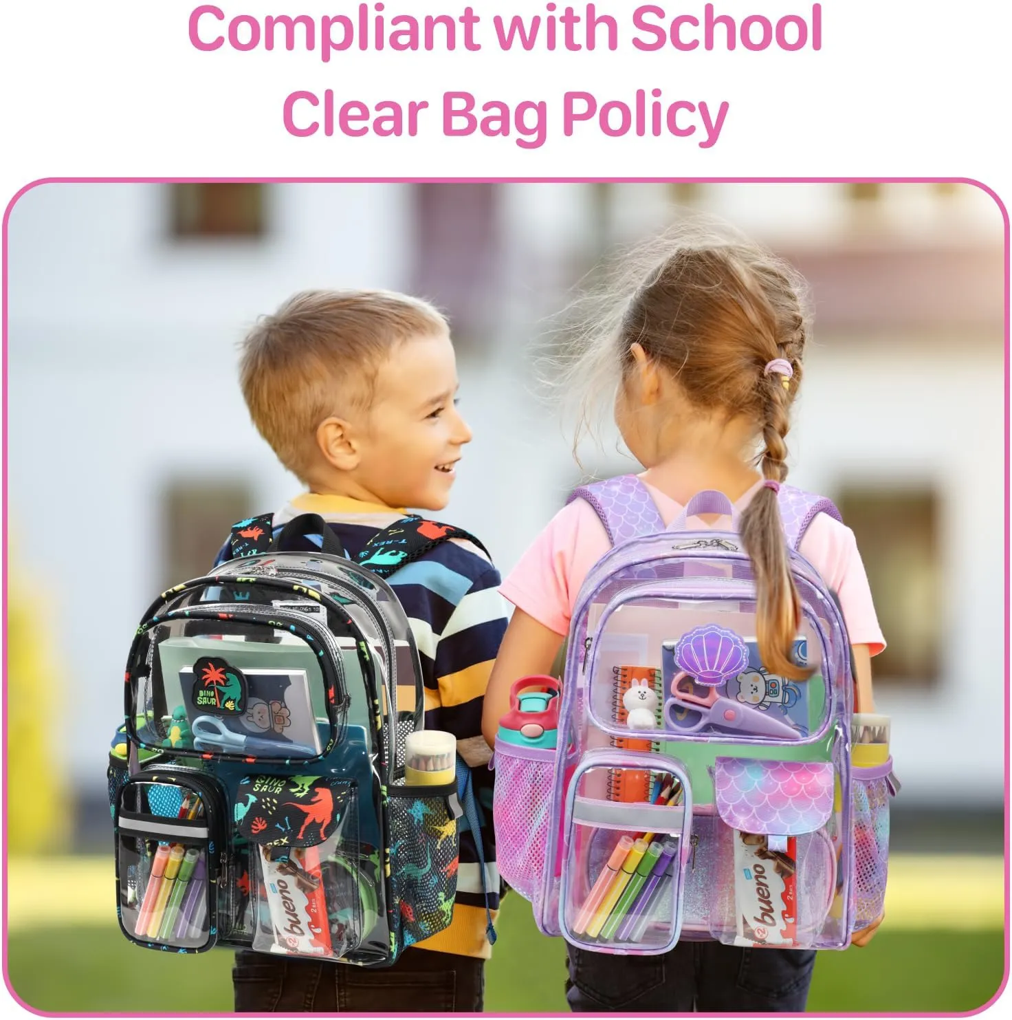 Bagseri Clear Backpack for Girls - 15 Inch Heavy Duty Transparent School Bookbag for Kids Aged 3 to 8, Multiple Pockets, Safe Reflective Strip, Purple Mermaid