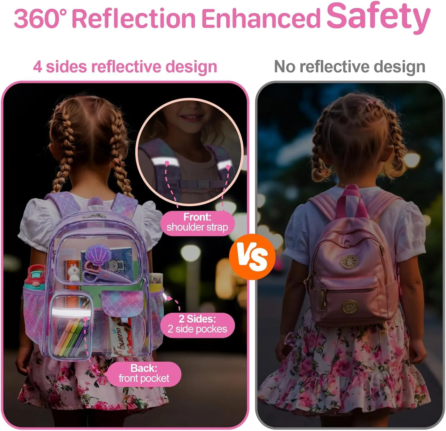 Bagseri Clear Backpack for Girls - 15 Inch Heavy Duty Transparent School Bookbag for Kids Aged 3 to 8, Multiple Pockets, Safe Reflective Strip, Purple Mermaid