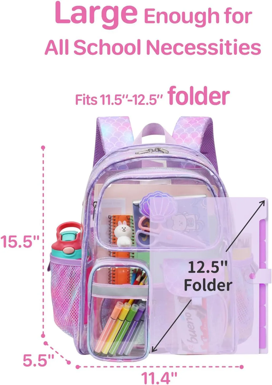 Bagseri Clear Backpack for Girls - 15 Inch Heavy Duty Transparent School Bookbag for Kids Aged 3 to 8, Multiple Pockets, Safe Reflective Strip, Purple Mermaid