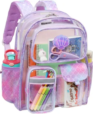 Bagseri Clear Backpack for Girls - 15 Inch Heavy Duty Transparent School Bookbag for Kids Aged 3 to 8, Multiple Pockets, Safe Reflective Strip, Purple Mermaid