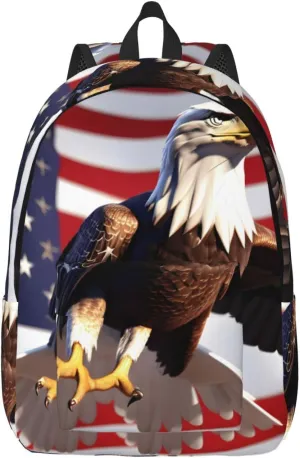 Bald Eagle With American Flag Print Canvas Backpack For Women Travel Backpack For Men College Casual Laptop Daypack
