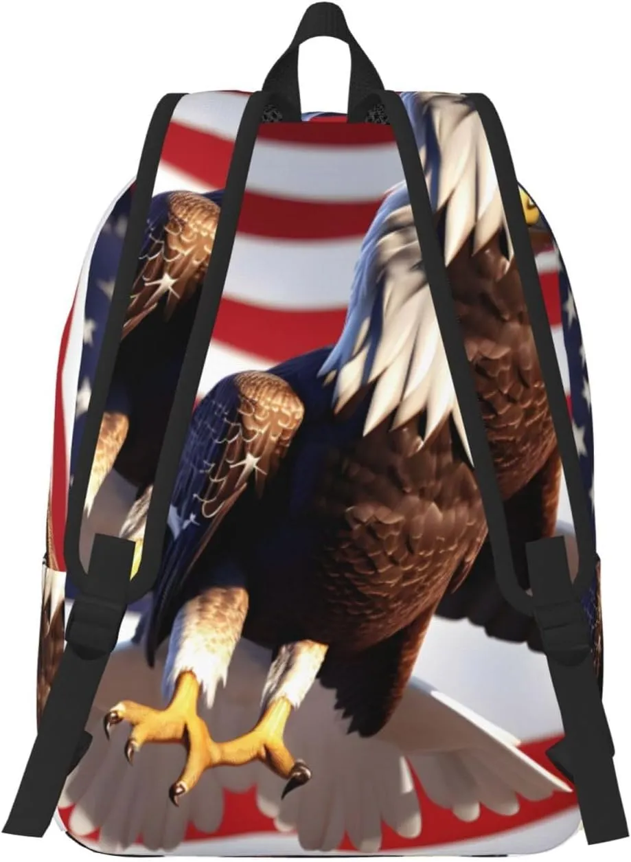 Bald Eagle With American Flag Print Canvas Backpack For Women Travel Backpack For Men College Casual Laptop Daypack