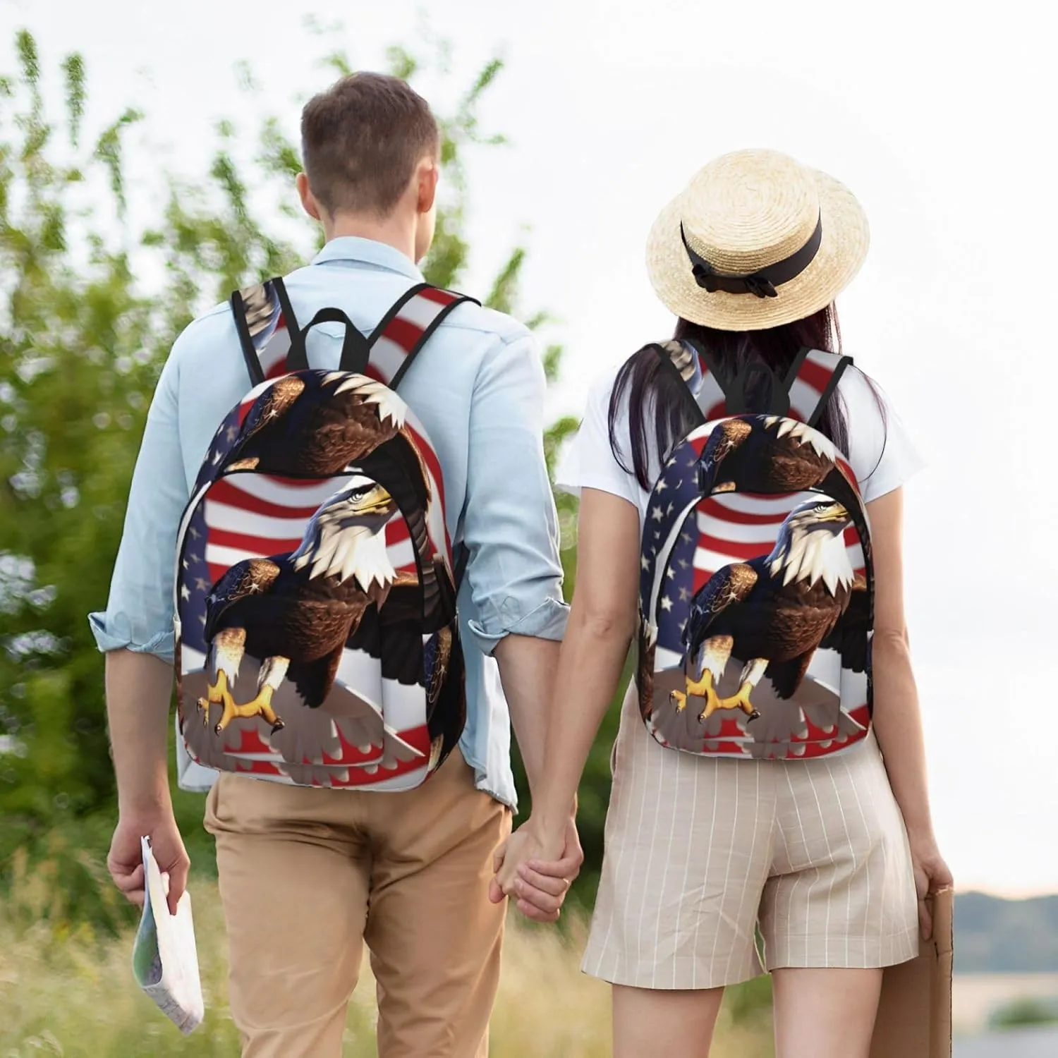 Bald Eagle With American Flag Print Canvas Backpack For Women Travel Backpack For Men College Casual Laptop Daypack