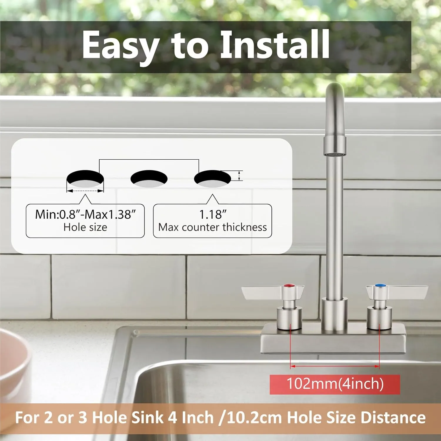 Bar Sink Faucet 4 Inch Center Deck Mount,2 Hole Prep Sink Faucet Dual Handles Commercial Utility Laundry Kitchen,Brushed Nickel