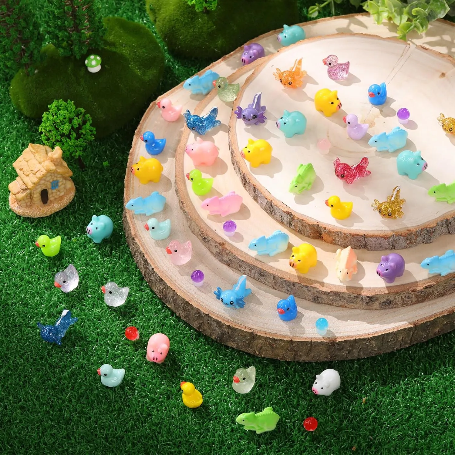 Barydat 200 Pcs Mini Resin Animals Figures Small Variety Animals to Hide Tiny Duck Axolotl Lizard Pig Mushroom Figures for Christmas Easter Gifts Landscape Game Garden Decorations Garden Crafts