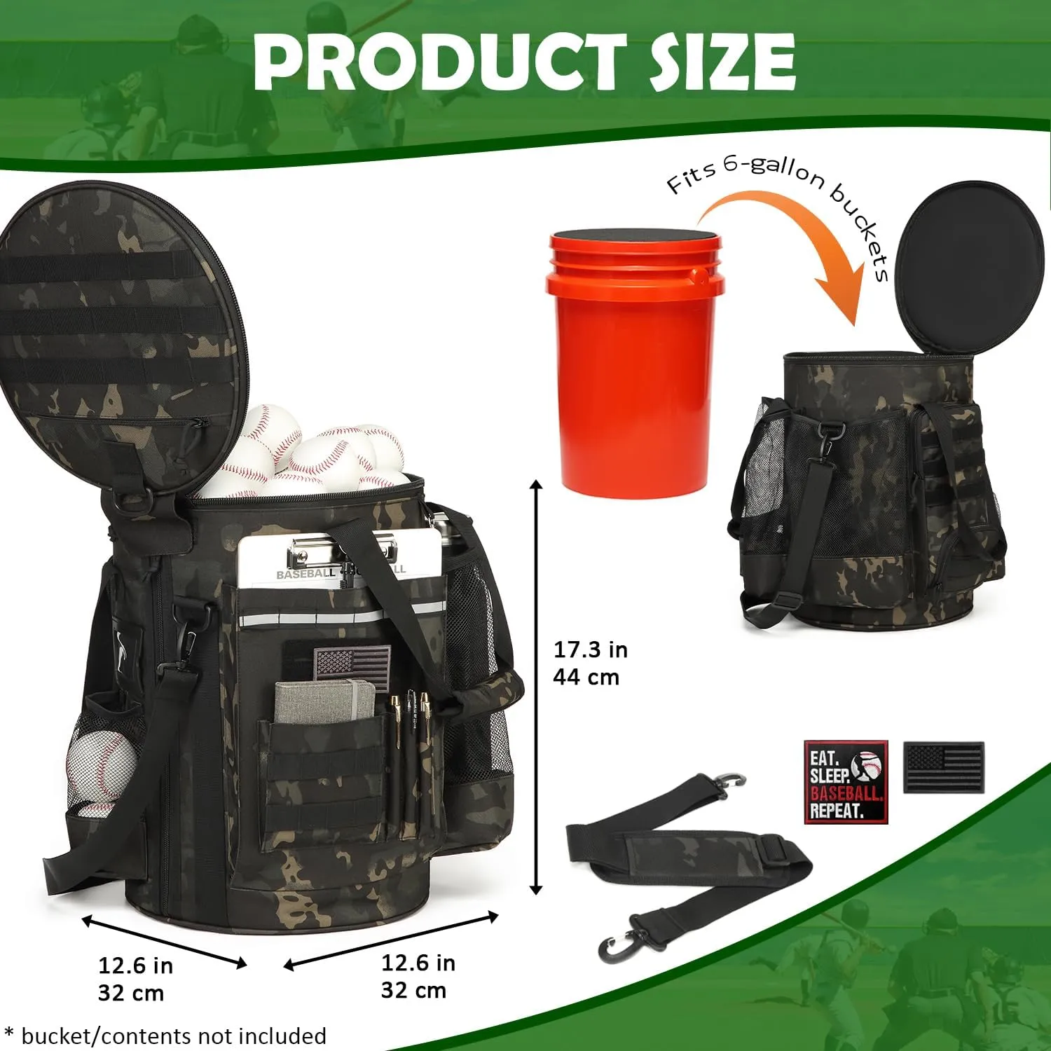 Baseball Bucket Bag Baseball Coaching Accessories Organizer Softball Bucket Bag with Anti-Slip Bottom & Multiple Pockets for Bat, Gloves, Scoreboards