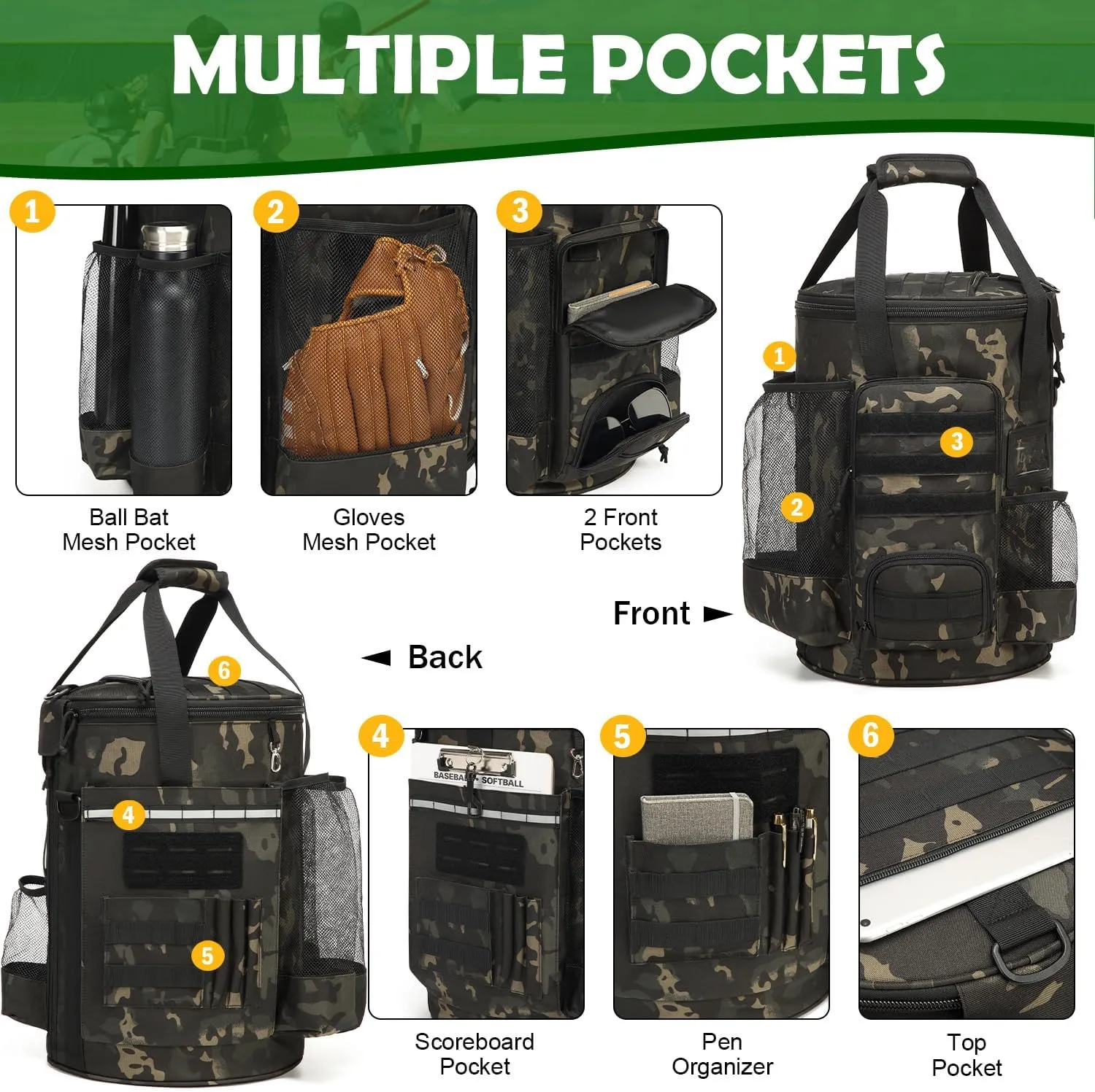 Baseball Bucket Bag Baseball Coaching Accessories Organizer Softball Bucket Bag with Anti-Slip Bottom & Multiple Pockets for Bat, Gloves, Scoreboards