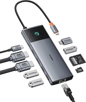 Baseus Docking Station Dual Monitor,10Gbps 10 Ports Docking Station with 2 HDMI Single 4K@120Hz, Dual 4K@ 60Hz,10Gbps USB C and USB A, 2 USB-A, PD 100W, Gigabit Ethernet for Dell/HP/Lenovo, Grey