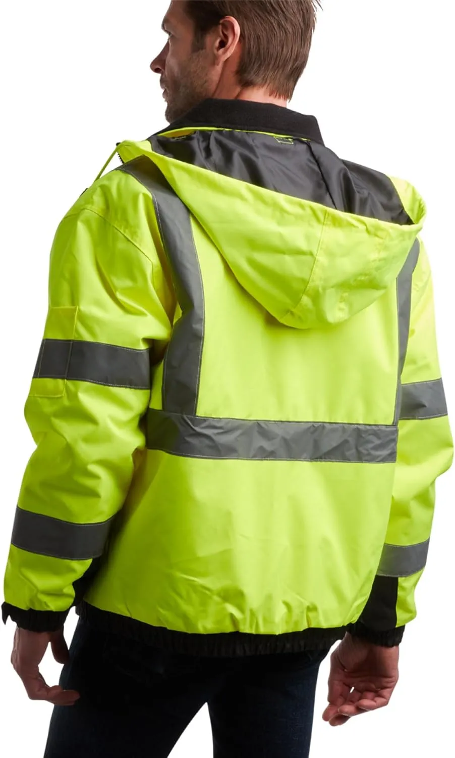 Bass Creek Outfitters Men's High Visibility Safety Jacket - Heavy Duty Waterproof Workwear with Packable Hood (Sizes: M-XXL)