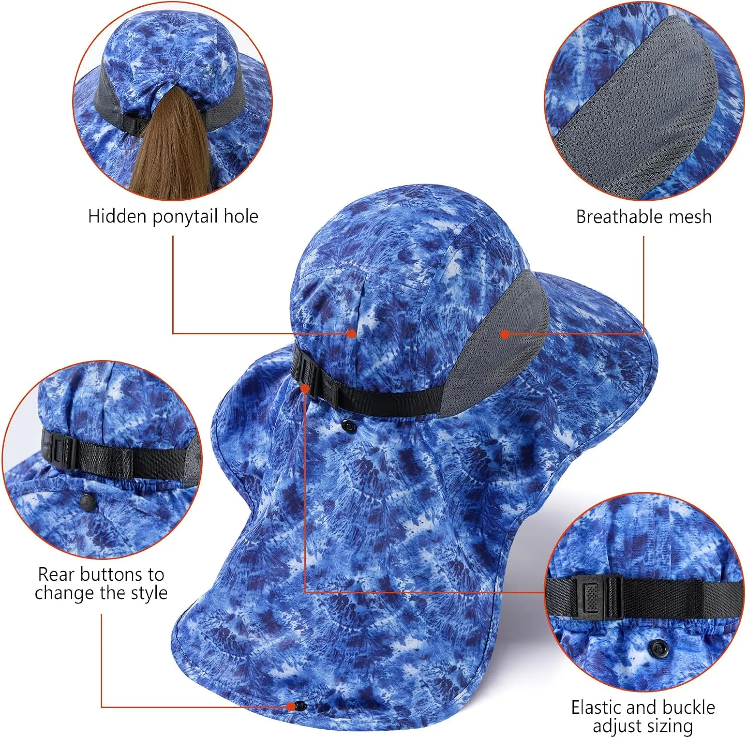 BASSDASH UPF 50  Unisex Water Resistant Wide Brim Sun Hat with Large Neck Flap Ponytail Fishing Hat for Men Women