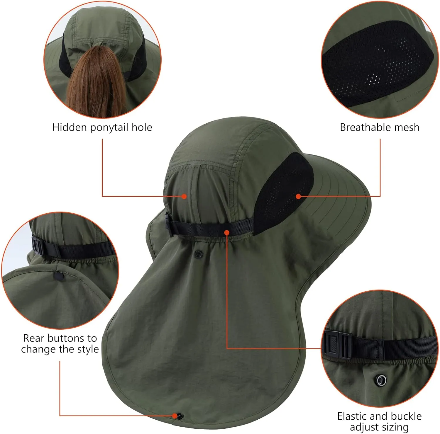 BASSDASH UPF 50  Unisex Water Resistant Wide Brim Sun Hat with Large Neck Flap Ponytail Fishing Hat for Men Women