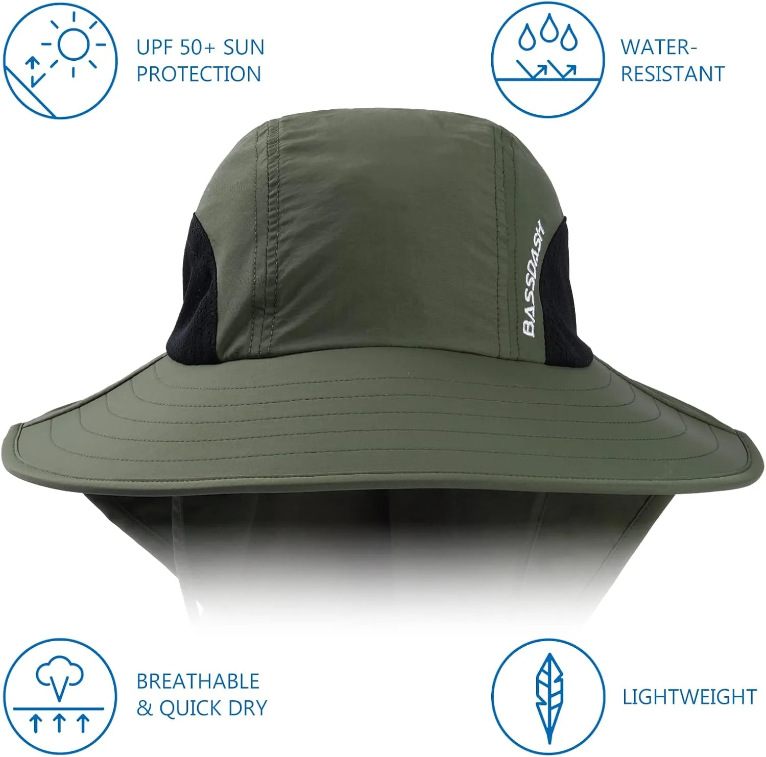 BASSDASH UPF 50  Unisex Water Resistant Wide Brim Sun Hat with Large Neck Flap Ponytail Fishing Hat for Men Women