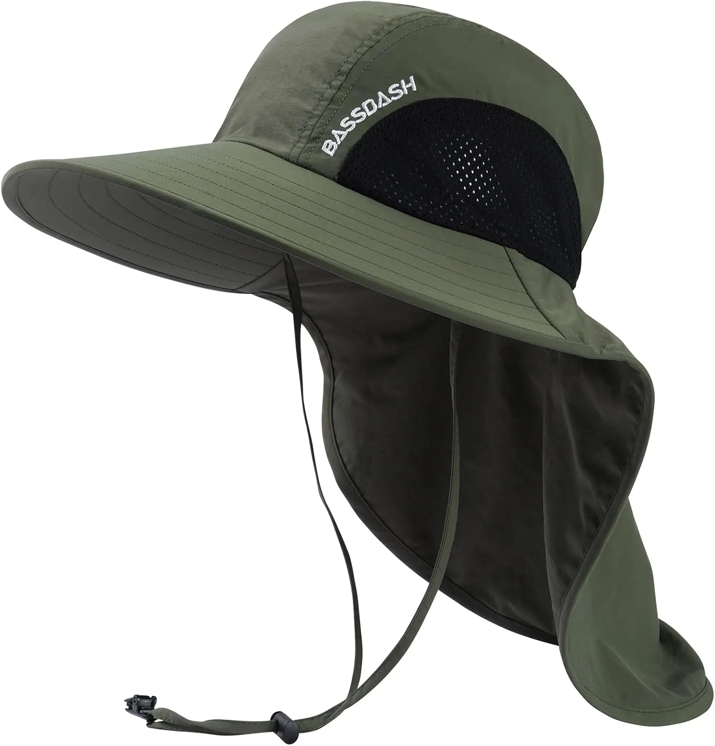 BASSDASH UPF 50  Unisex Water Resistant Wide Brim Sun Hat with Large Neck Flap Ponytail Fishing Hat for Men Women