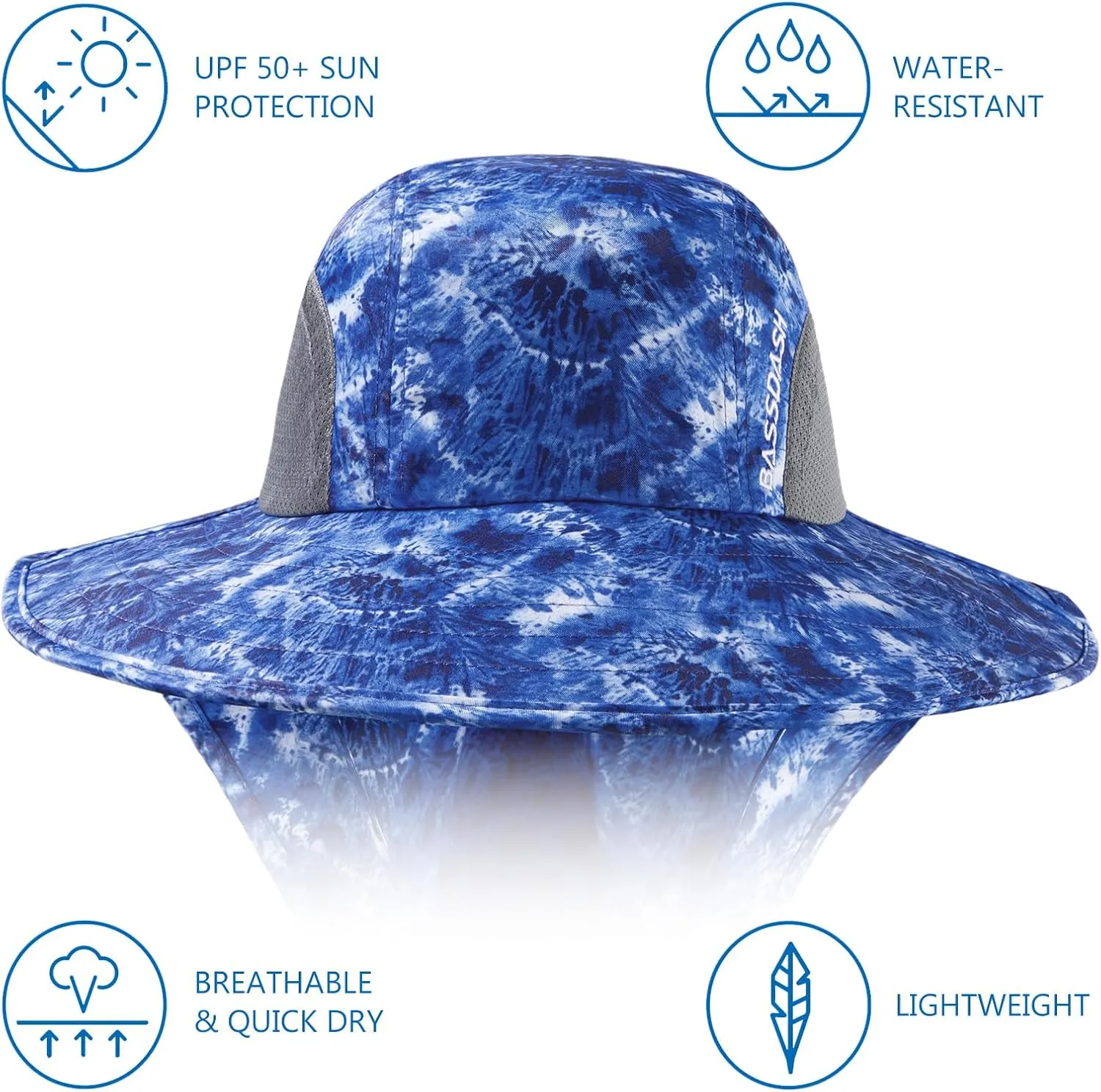 BASSDASH UPF 50  Unisex Water Resistant Wide Brim Sun Hat with Large Neck Flap Ponytail Fishing Hat for Men Women