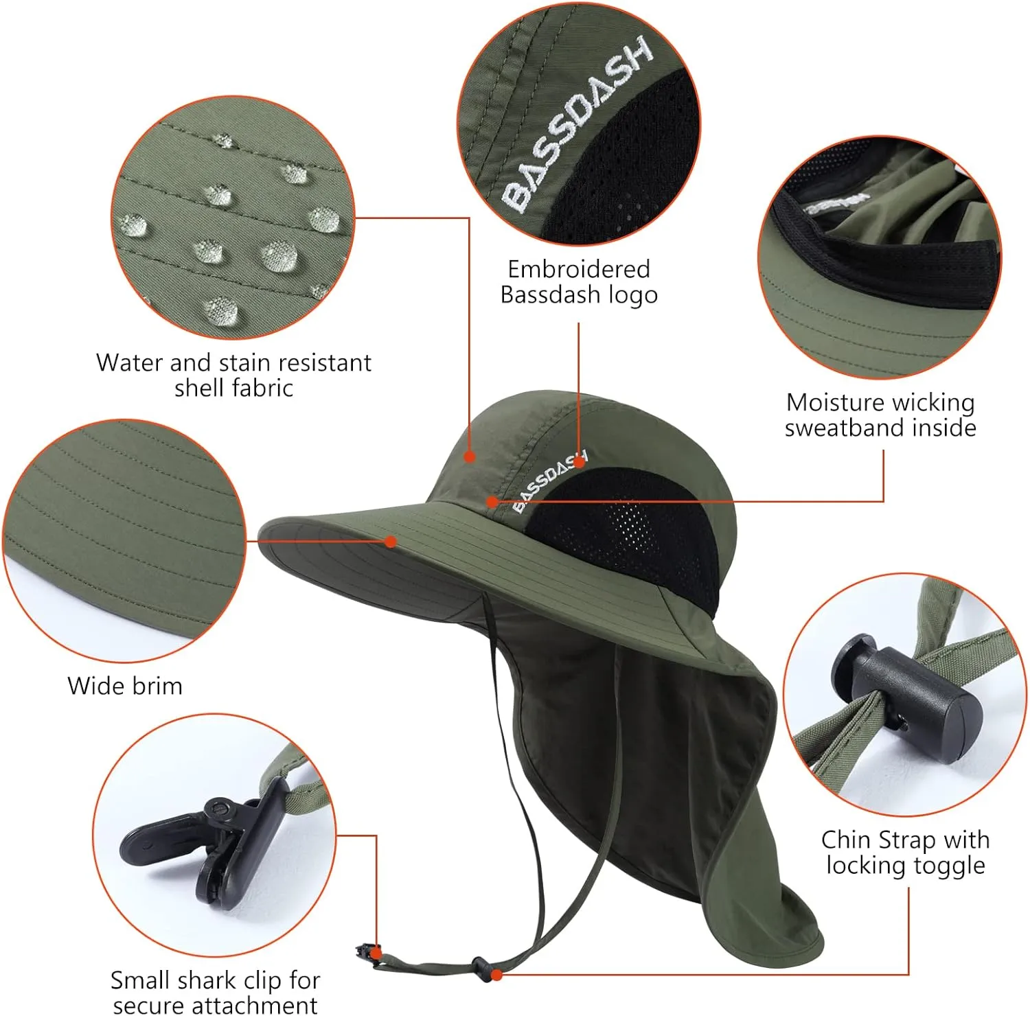 BASSDASH UPF 50  Unisex Water Resistant Wide Brim Sun Hat with Large Neck Flap Ponytail Fishing Hat for Men Women