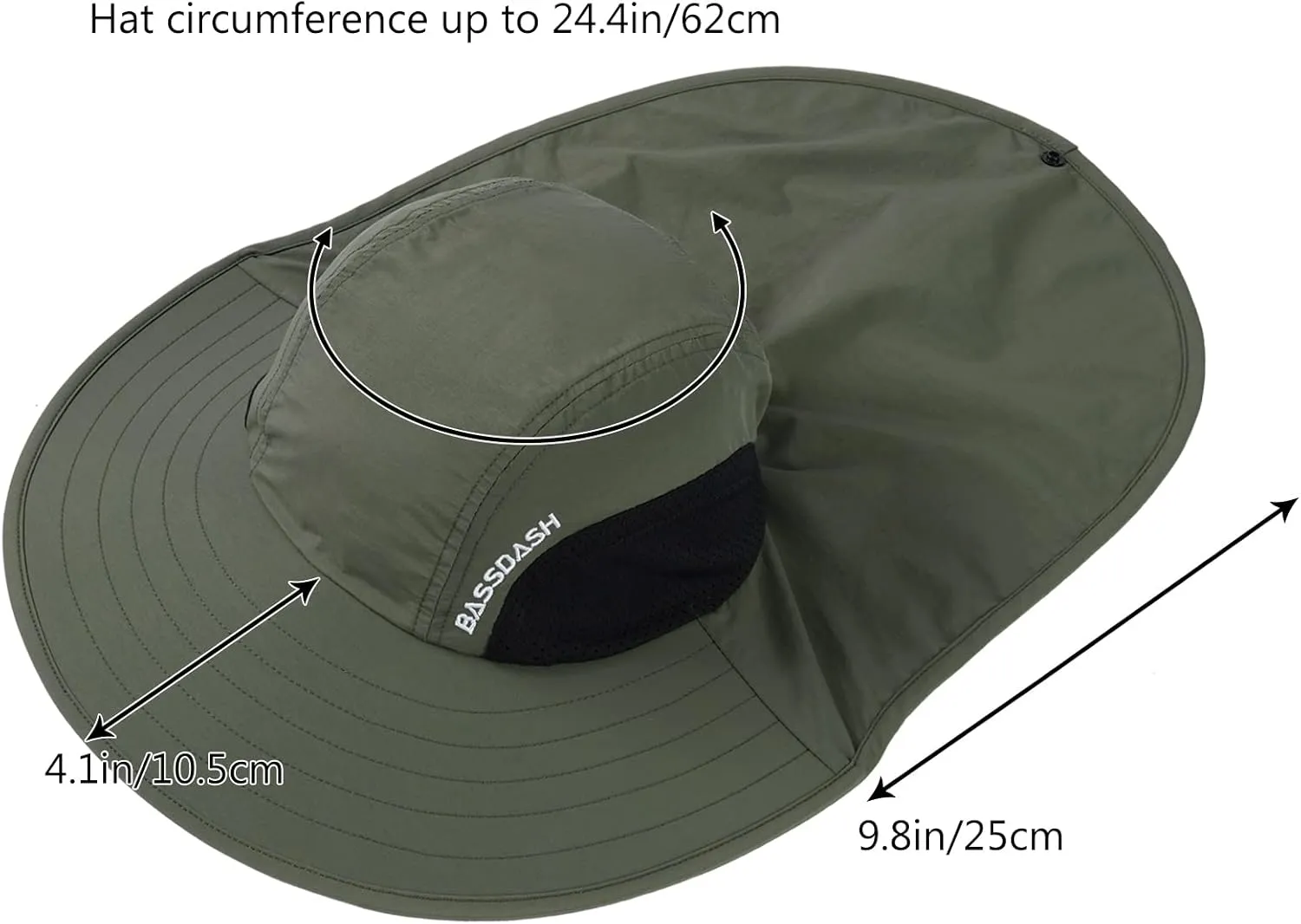 BASSDASH UPF 50  Unisex Water Resistant Wide Brim Sun Hat with Large Neck Flap Ponytail Fishing Hat for Men Women