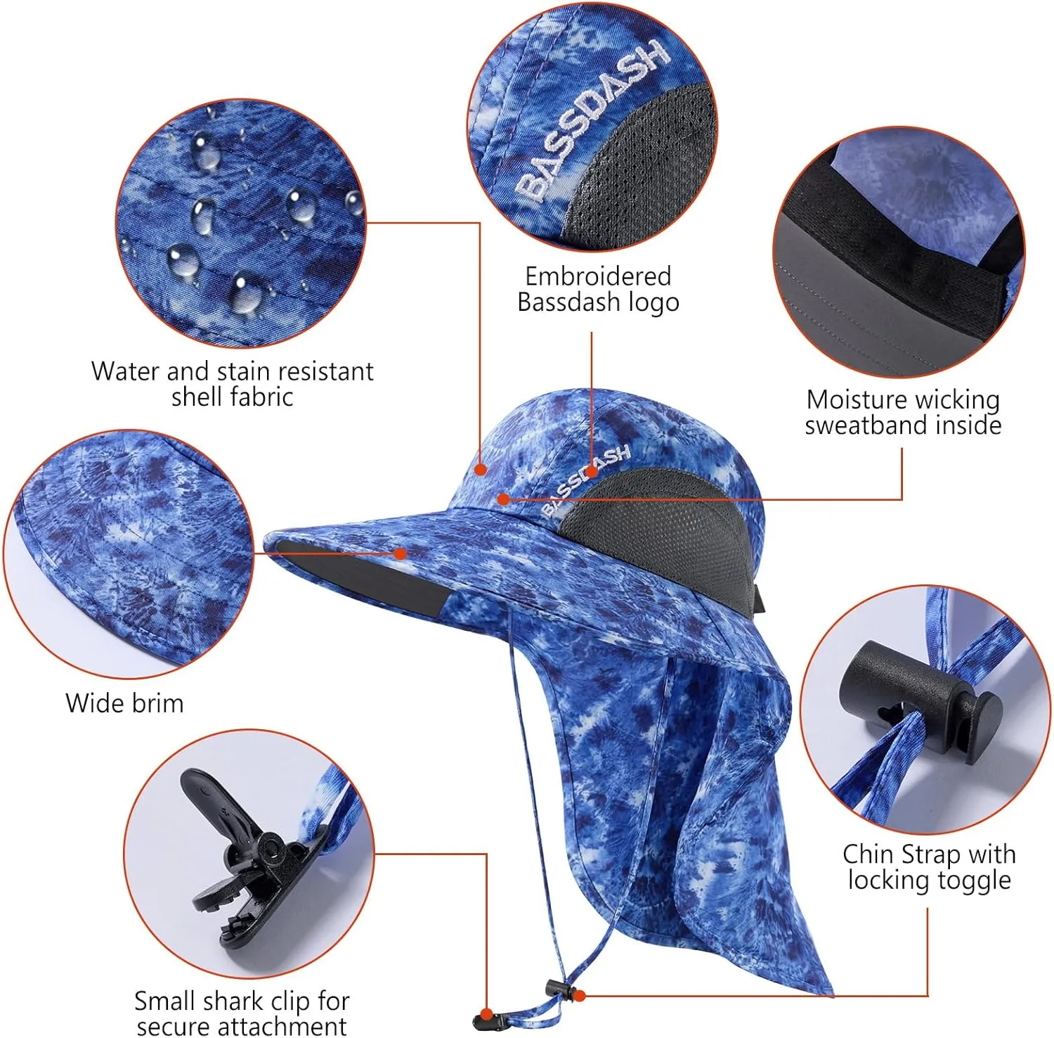 BASSDASH UPF 50  Unisex Water Resistant Wide Brim Sun Hat with Large Neck Flap Ponytail Fishing Hat for Men Women