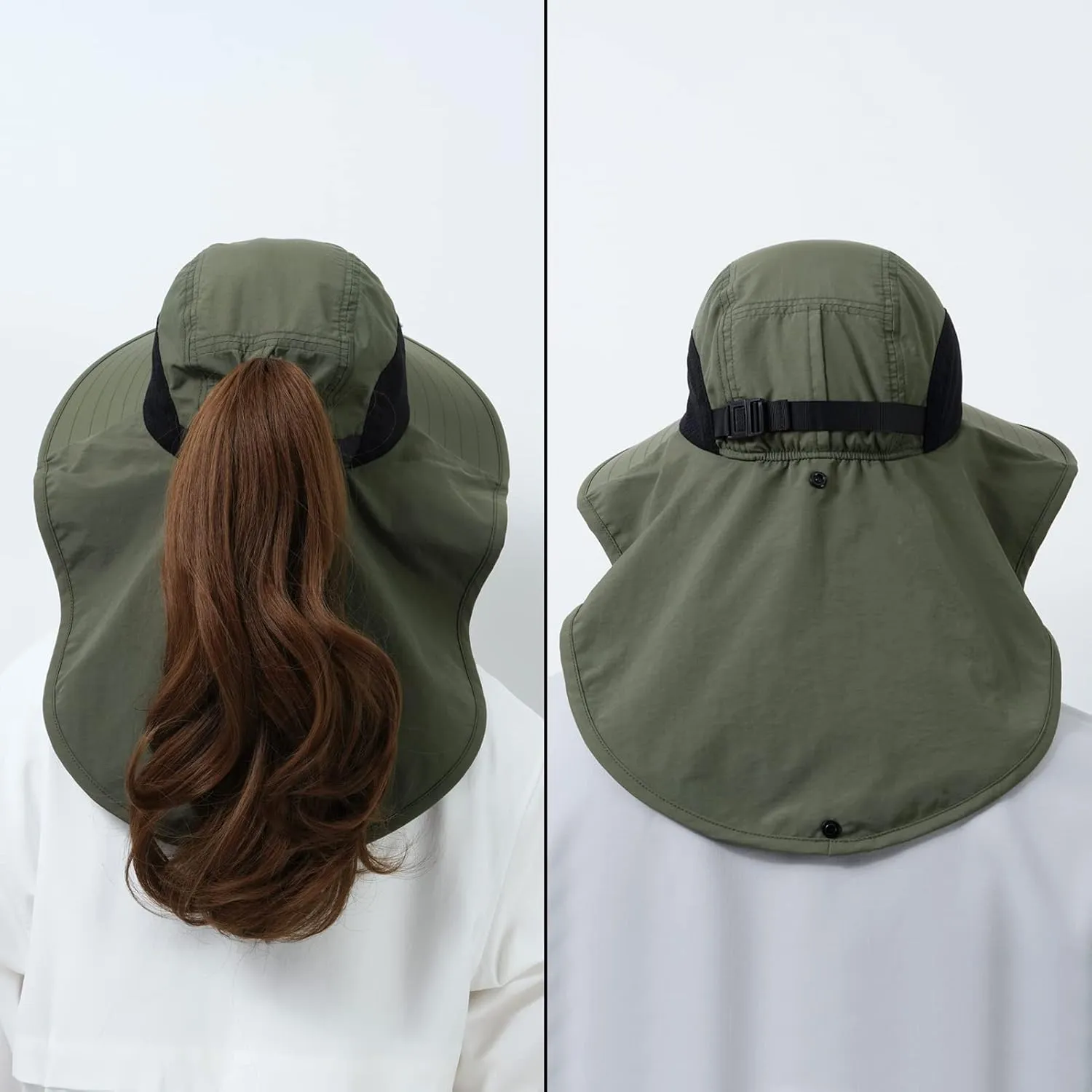 BASSDASH UPF 50  Unisex Water Resistant Wide Brim Sun Hat with Large Neck Flap Ponytail Fishing Hat for Men Women