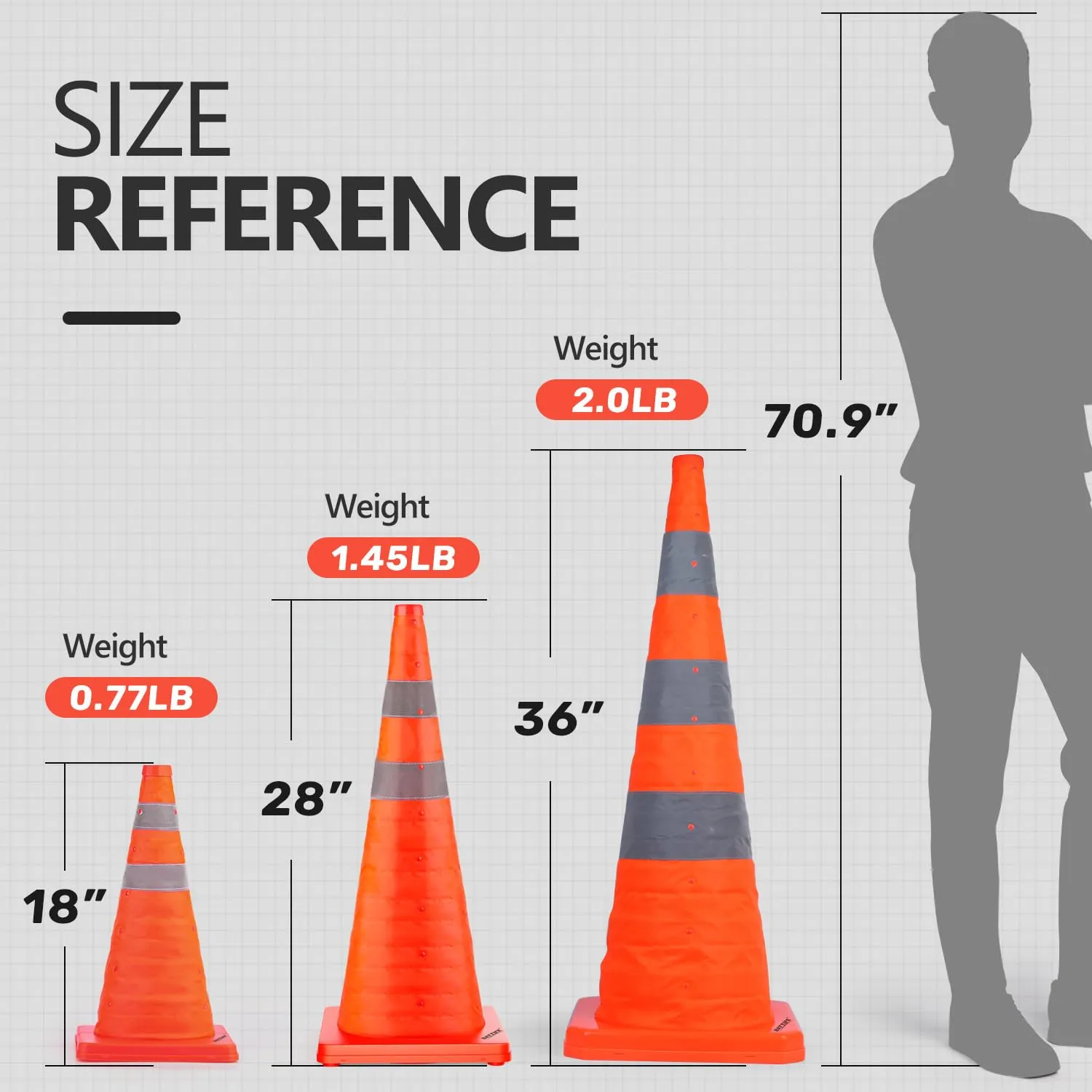 BATTIFE [10 Pack] 36 Inch Collapsible Traffic Safety Cones, Orange Cones, Multi Purpose Pop-up Cones with Reflective Collar, for Road Parking, Driving Practice