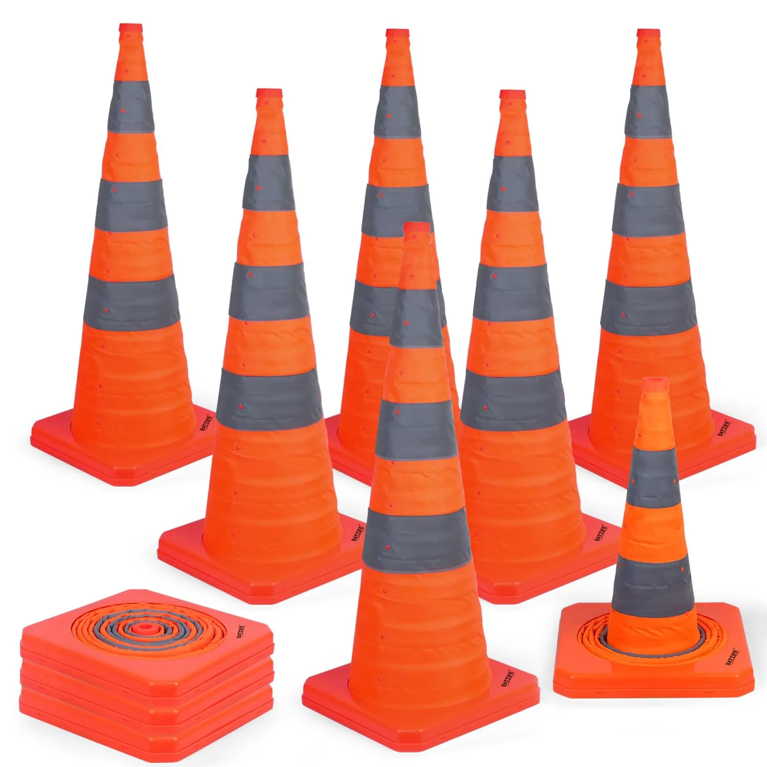 BATTIFE [10 Pack] 36 Inch Collapsible Traffic Safety Cones, Orange Cones, Multi Purpose Pop-up Cones with Reflective Collar, for Road Parking, Driving Practice