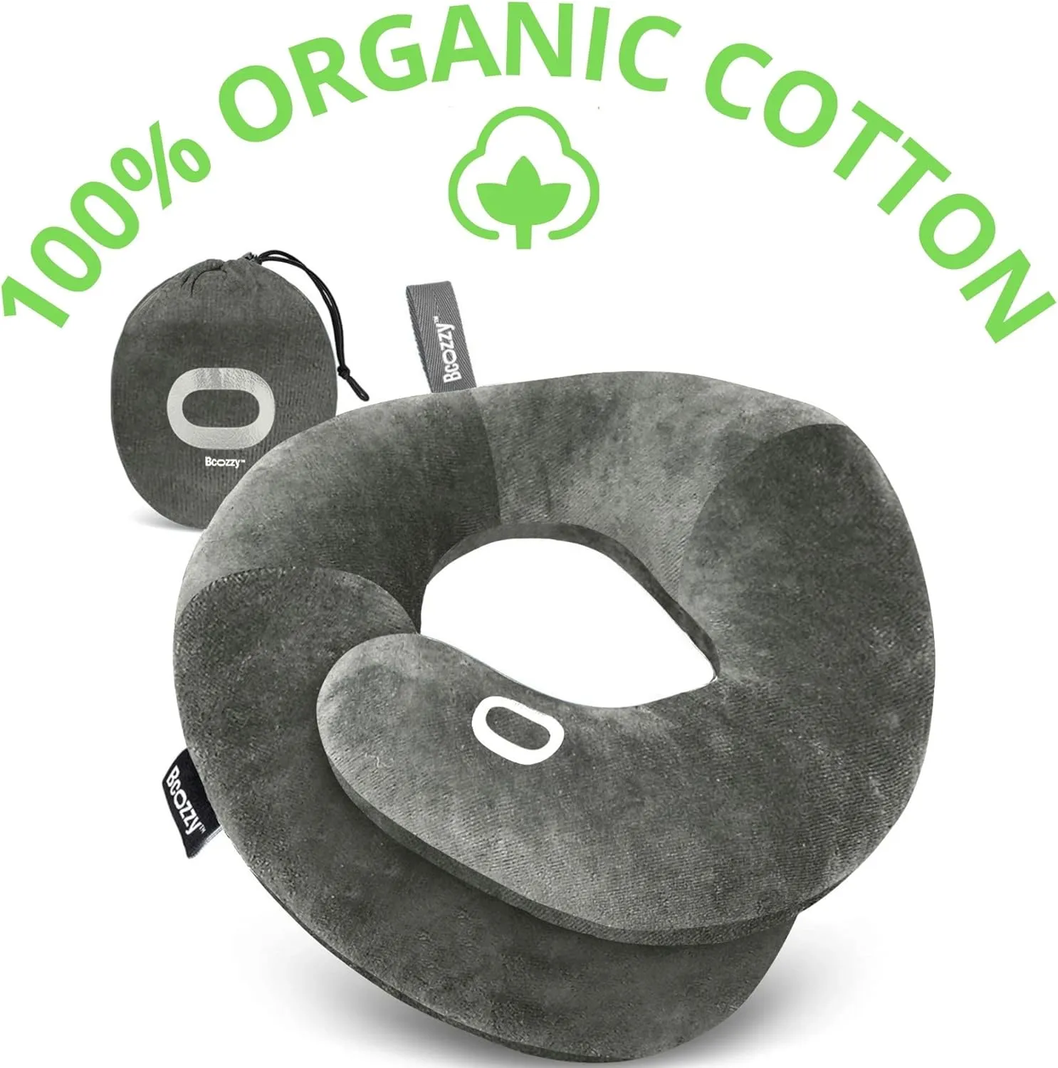 BCOZZY Organic Cotton Double Support Neck Pillow for Travel - 3 Ergonomic Positions for Head, Neck, and Chin Comfort - Ideal for Sleeping Upright on Flights, Cars, and at Home – X-Large, Gray