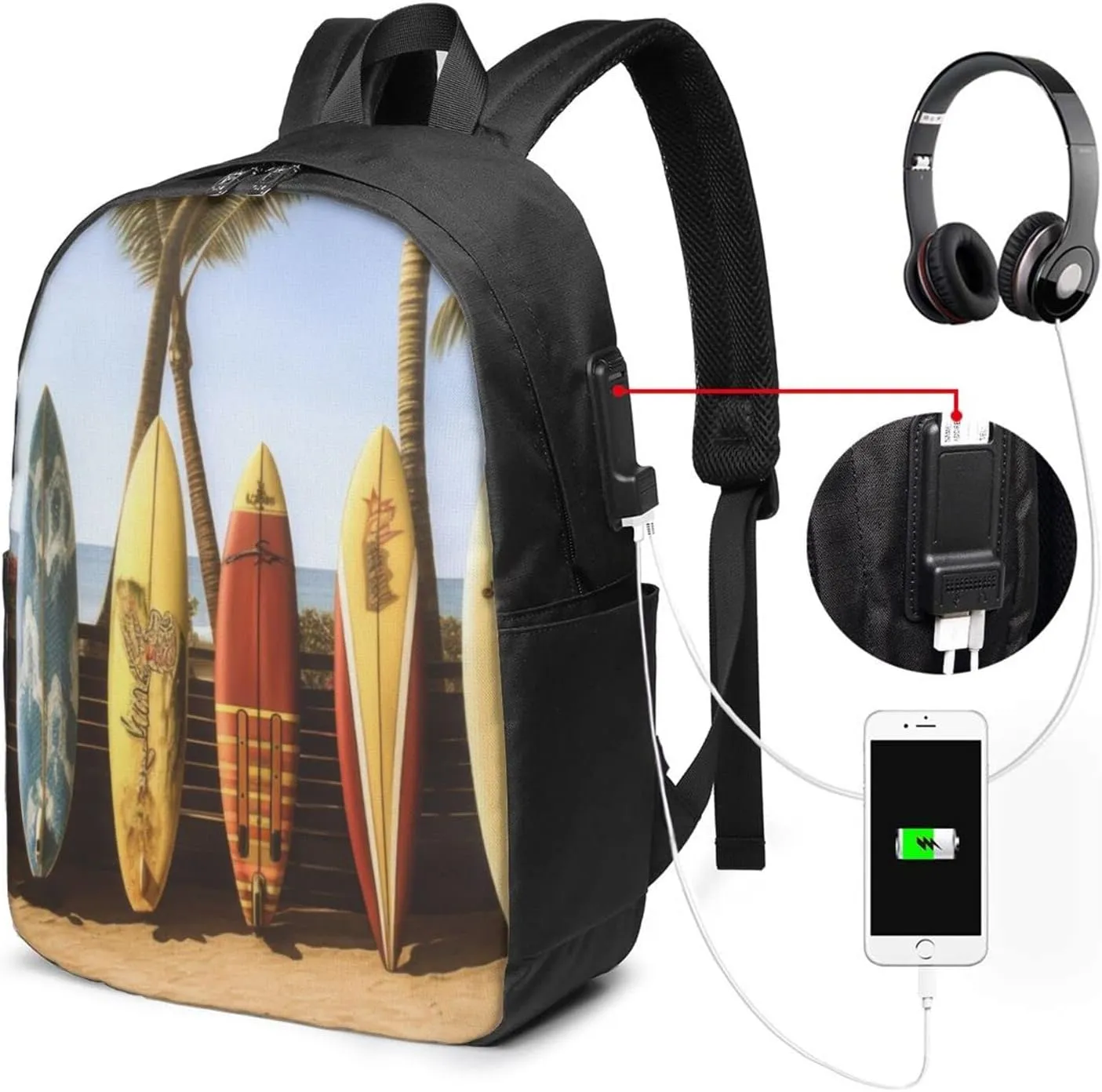 Beach Surfboard Travel Laptop Backpack - Durable Business Laptops Backpack with USB Charging Port