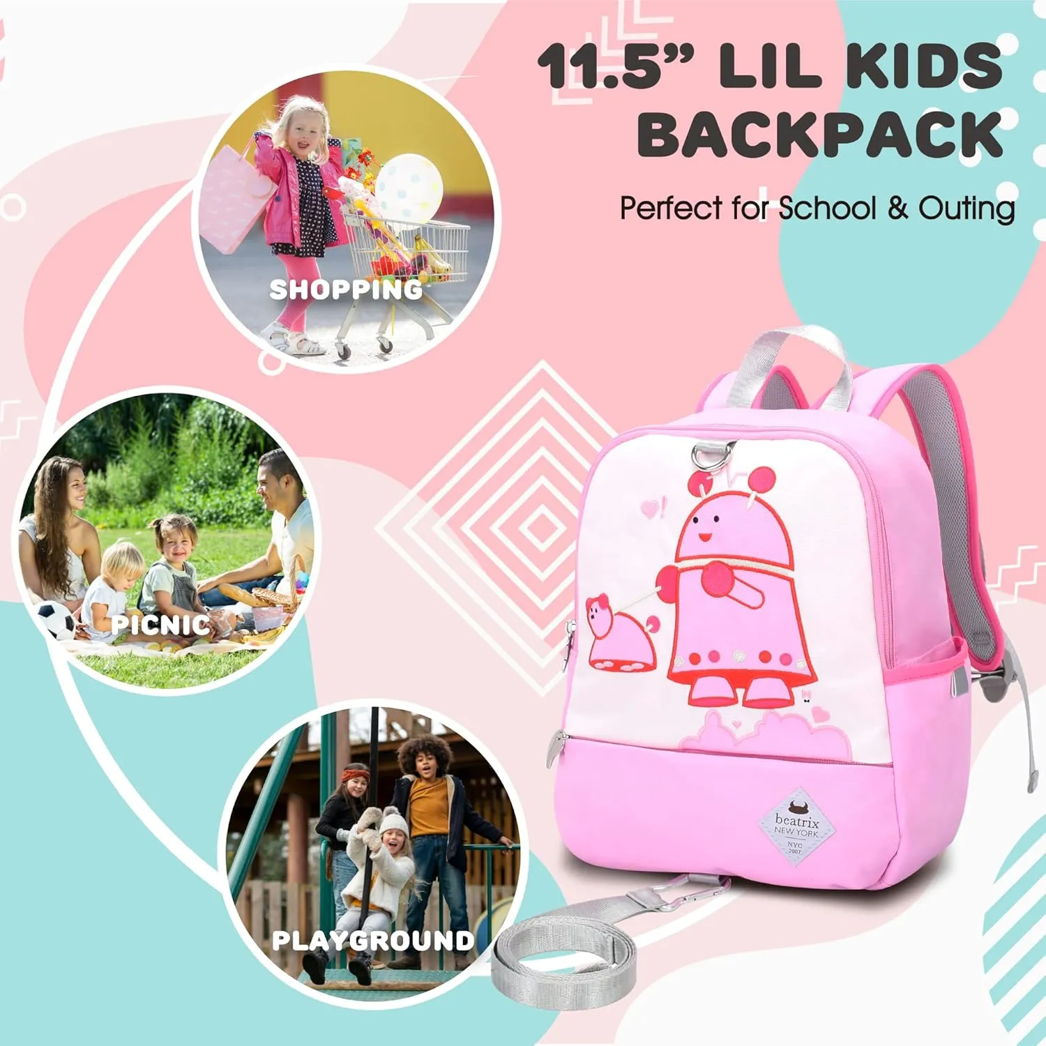 Beatrix New York - Toddler & Kids 11.5” Backpack Bag with Removable Leash for Girls & Boys (PINK ROBOT), Ideal for Preschool & Kindergarten Back to School