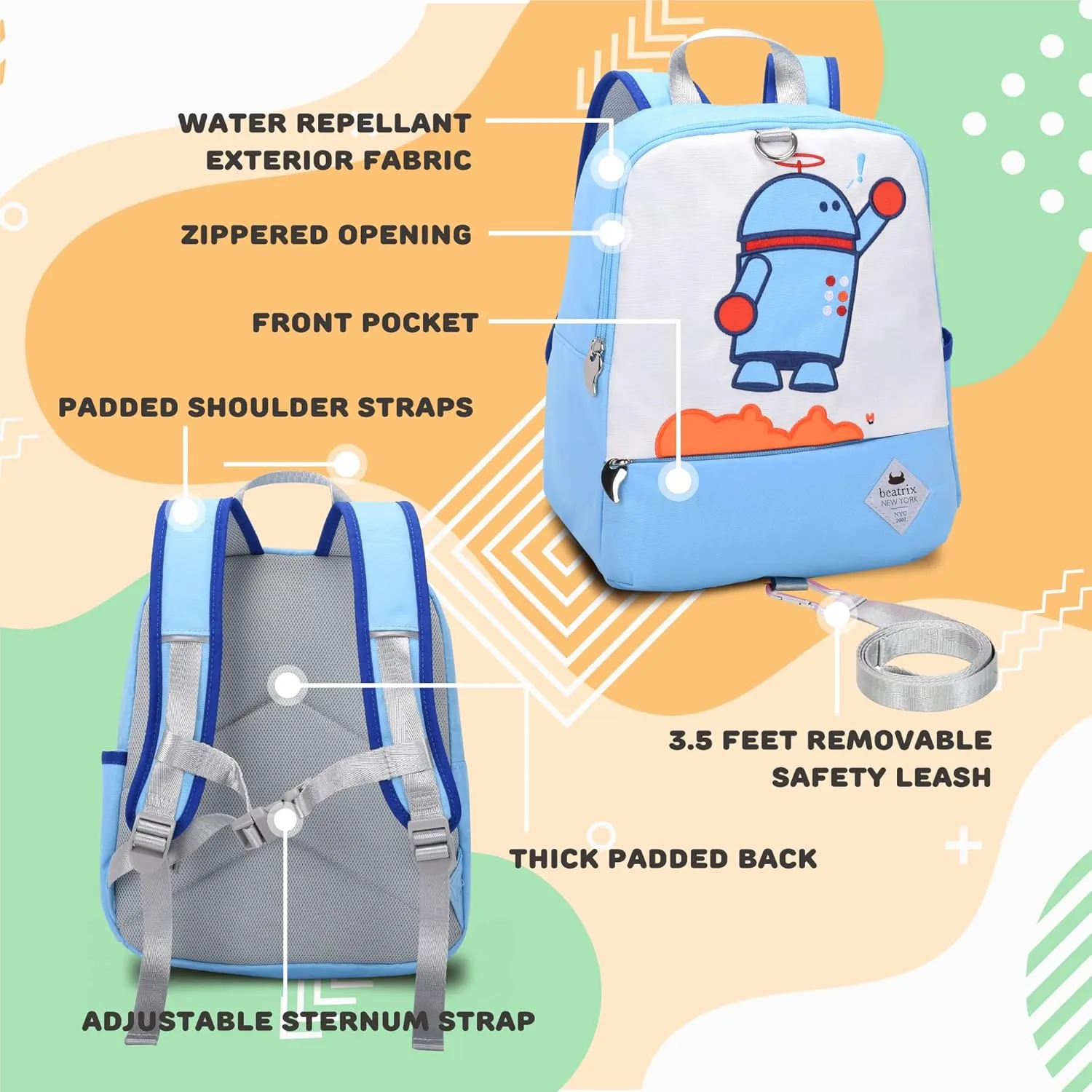 Beatrix New York - Toddler & Kids 11.5" Backpack Bag with Removable Leash for Girls & Boys Unisex (BOY ROBOT), Ideal for Preschool & Kindergarten Back to School
