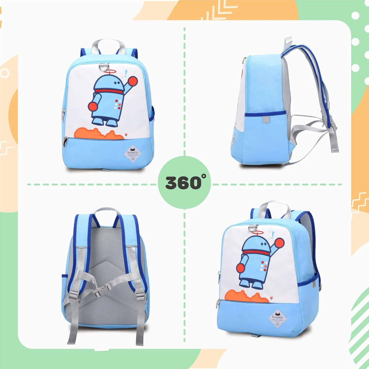 Beatrix New York - Toddler & Kids 11.5" Backpack Bag with Removable Leash for Girls & Boys Unisex (BOY ROBOT), Ideal for Preschool & Kindergarten Back to School