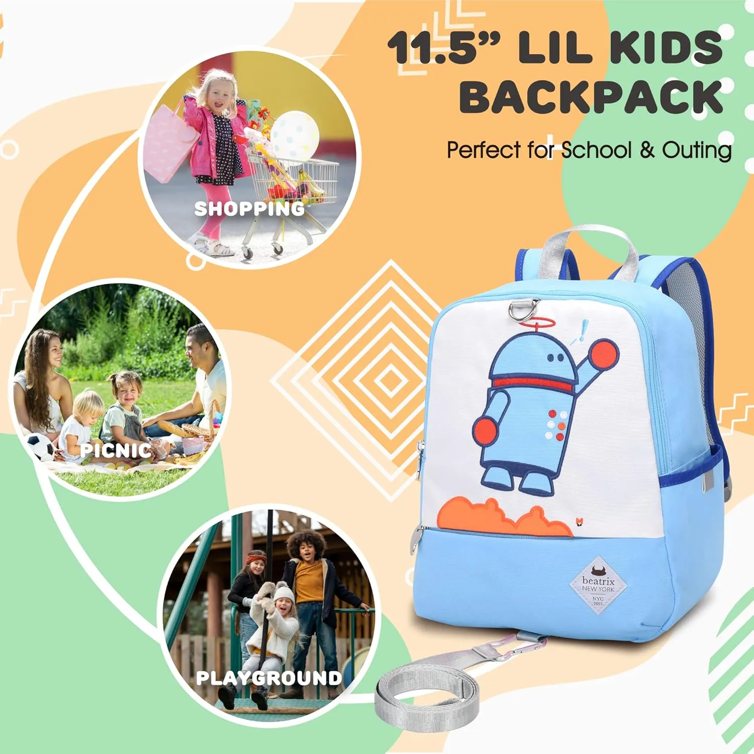 Beatrix New York - Toddler & Kids 11.5" Backpack Bag with Removable Leash for Girls & Boys Unisex (BOY ROBOT), Ideal for Preschool & Kindergarten Back to School