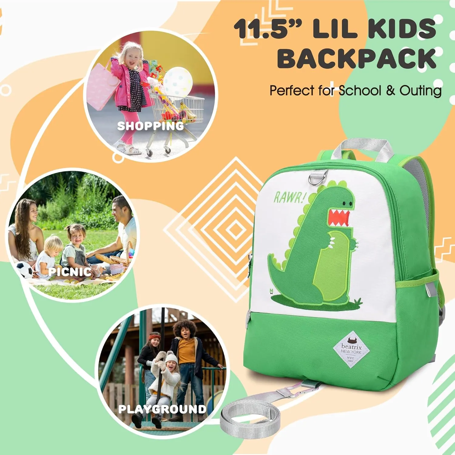 Beatrix New York - Toddler & Kids 11.5" Backpack Bag with Removable Leash for Girls & Boys Unisex (DINOSAUR), Ideal for Preschool & Kindergarten Back to School