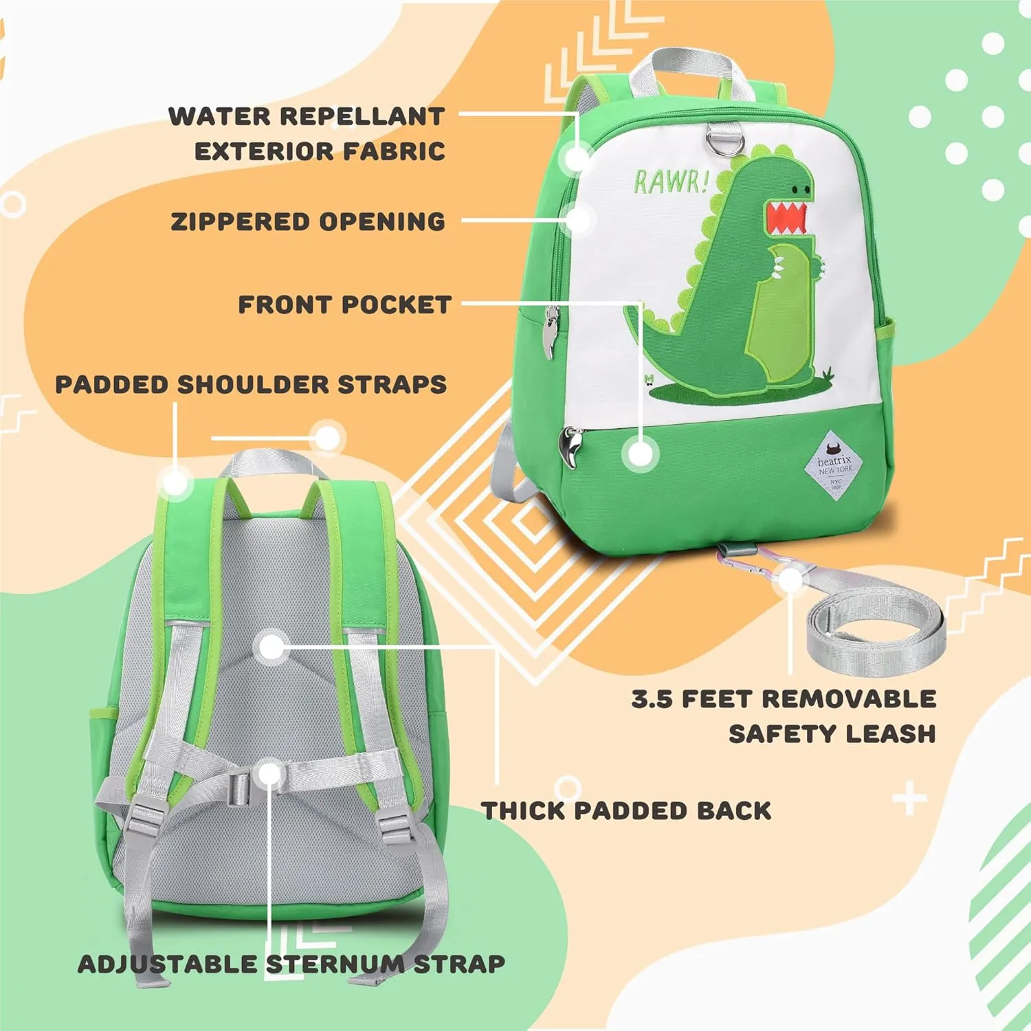 Beatrix New York - Toddler & Kids 11.5" Backpack Bag with Removable Leash for Girls & Boys Unisex (DINOSAUR), Ideal for Preschool & Kindergarten Back to School